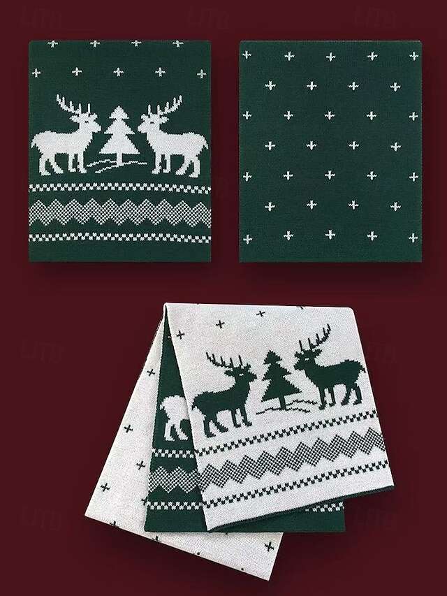 Women's Christmas Reindeer and Tree Print Knitted Scarf in Red and White, Cozy Winter Accessory for Holiday Celebrations