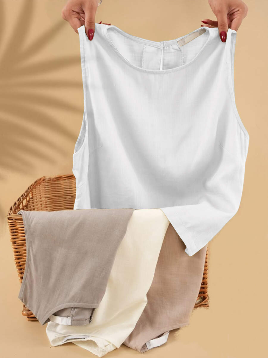 🔥Summer Arrivals🌟Women's Solid Color Round Neck Sleeveless Casual Linen Vest Top