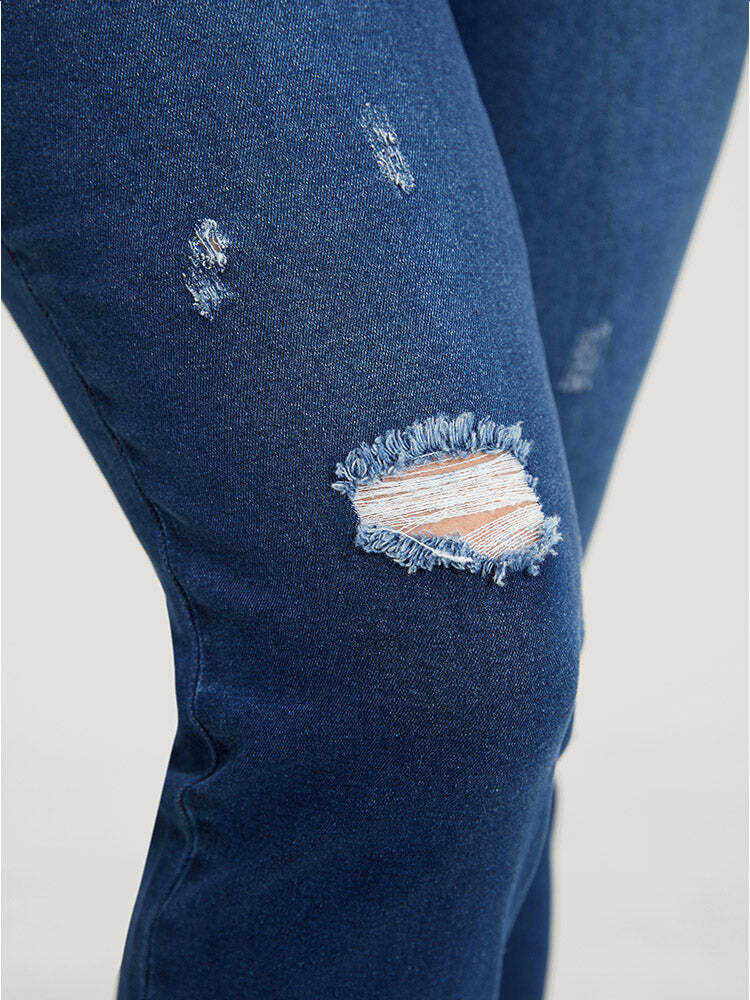 Very Stretchy High Rise Dark Wash Distressed Cropped Jeans