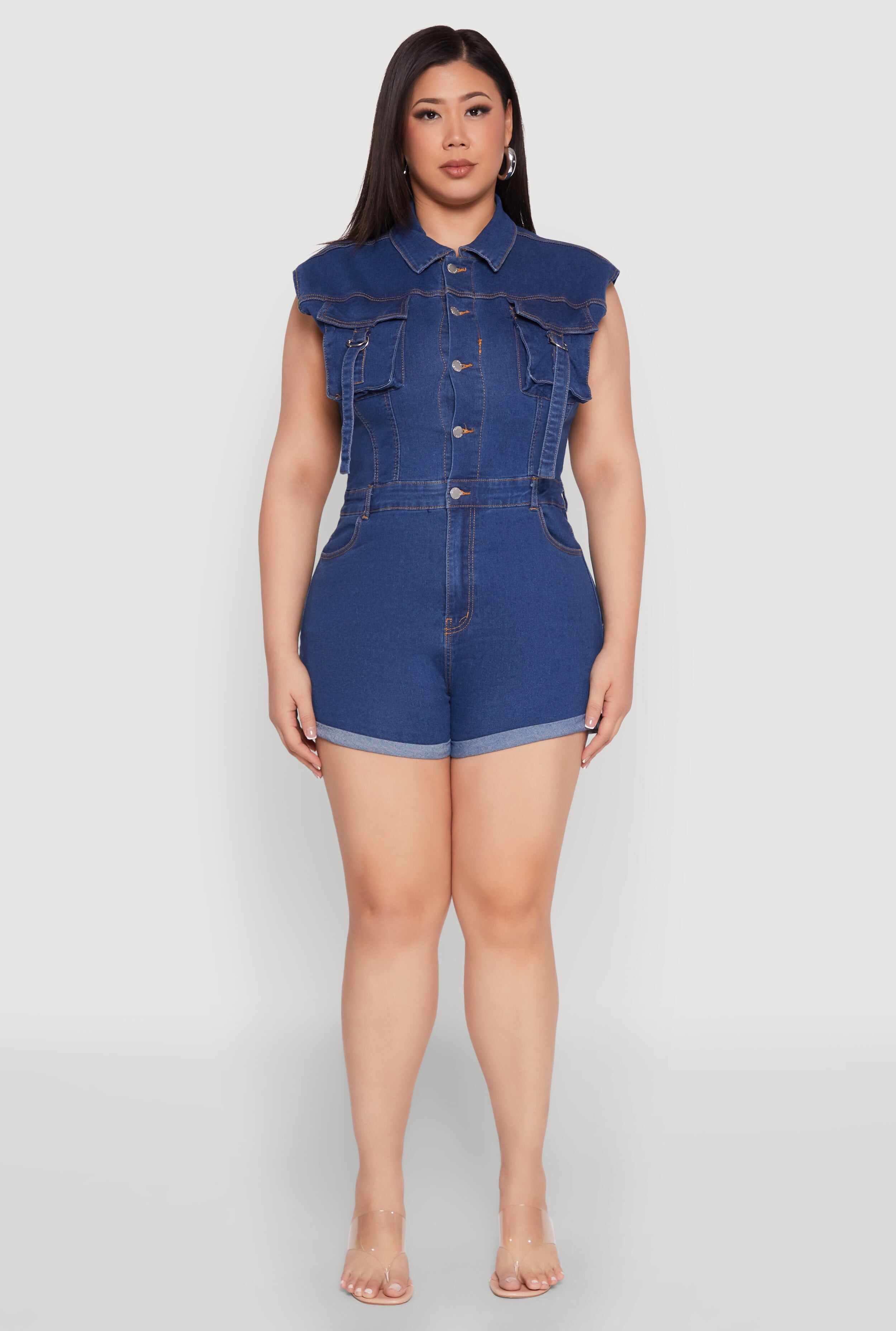 Plus Size Daisy Cargo Pocket Denim Romper