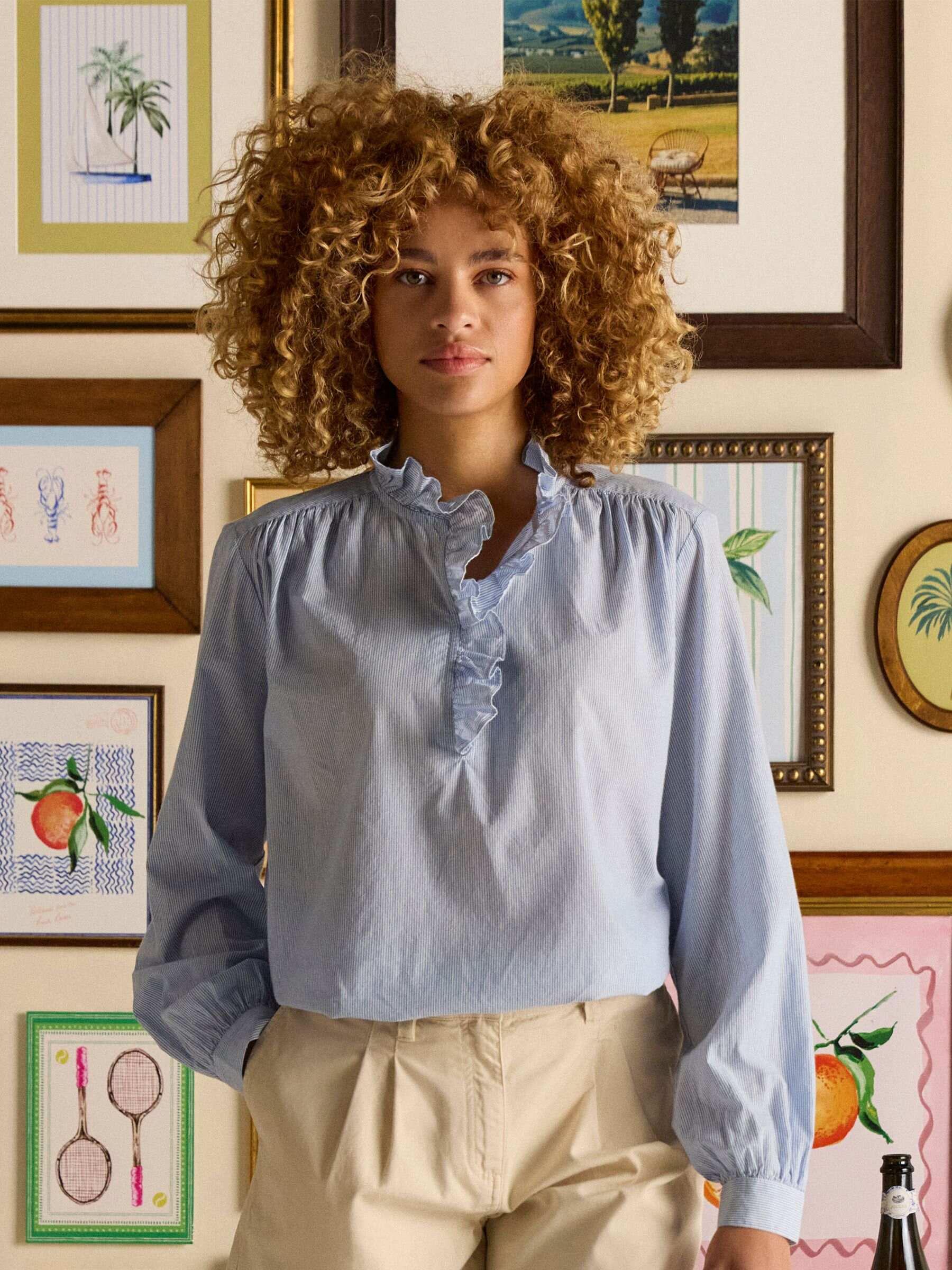 Melanie Blue/White Cotton Ruffle Blouse