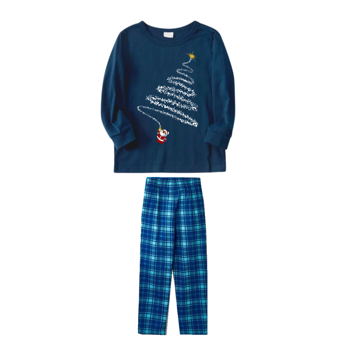 Childish Santa Claus and Christmas Tree Patterns Blue Long Sleeve Top With Blue&Green Plaid Family Matching Pajamas and Nightgown