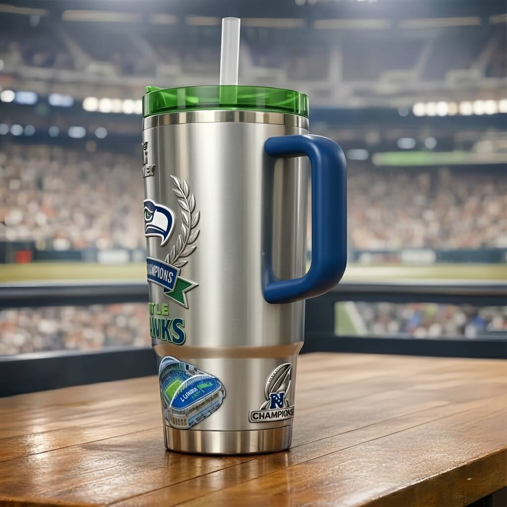 Celebrating Seattle Seahawks' victory in the 2025 NFC Stanley Tumbler