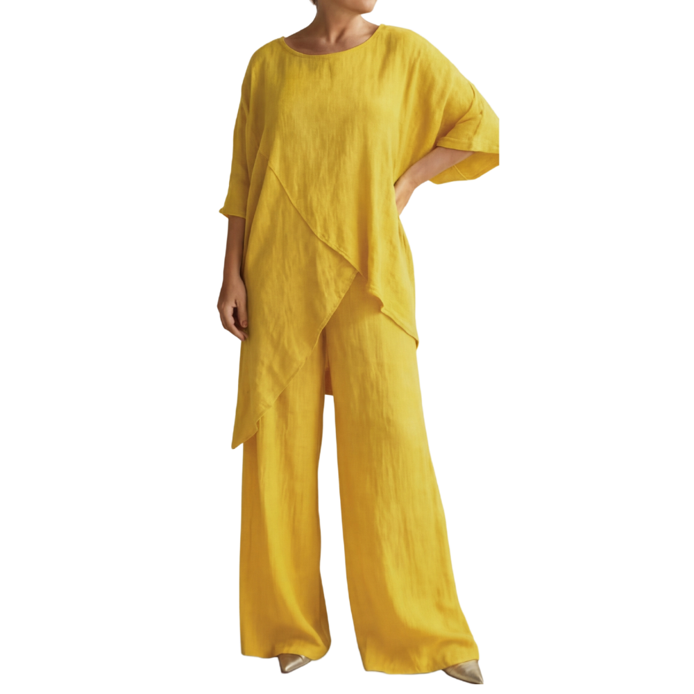 Women's Linen-Blend 2-Piece Outfit, Asymmetrical Layered Tunic Top + Wide Leg Pants