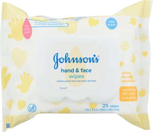 Johnson's Baby Disposable Hand & Face Cleansing Wipes, Pre-Moistened Wipes Gently Remove 99% of Germs & Dirt from Delicate Skin, Paraben-, Phthalate- & Alcohol-Free, Hypoallergenic, 25 ct