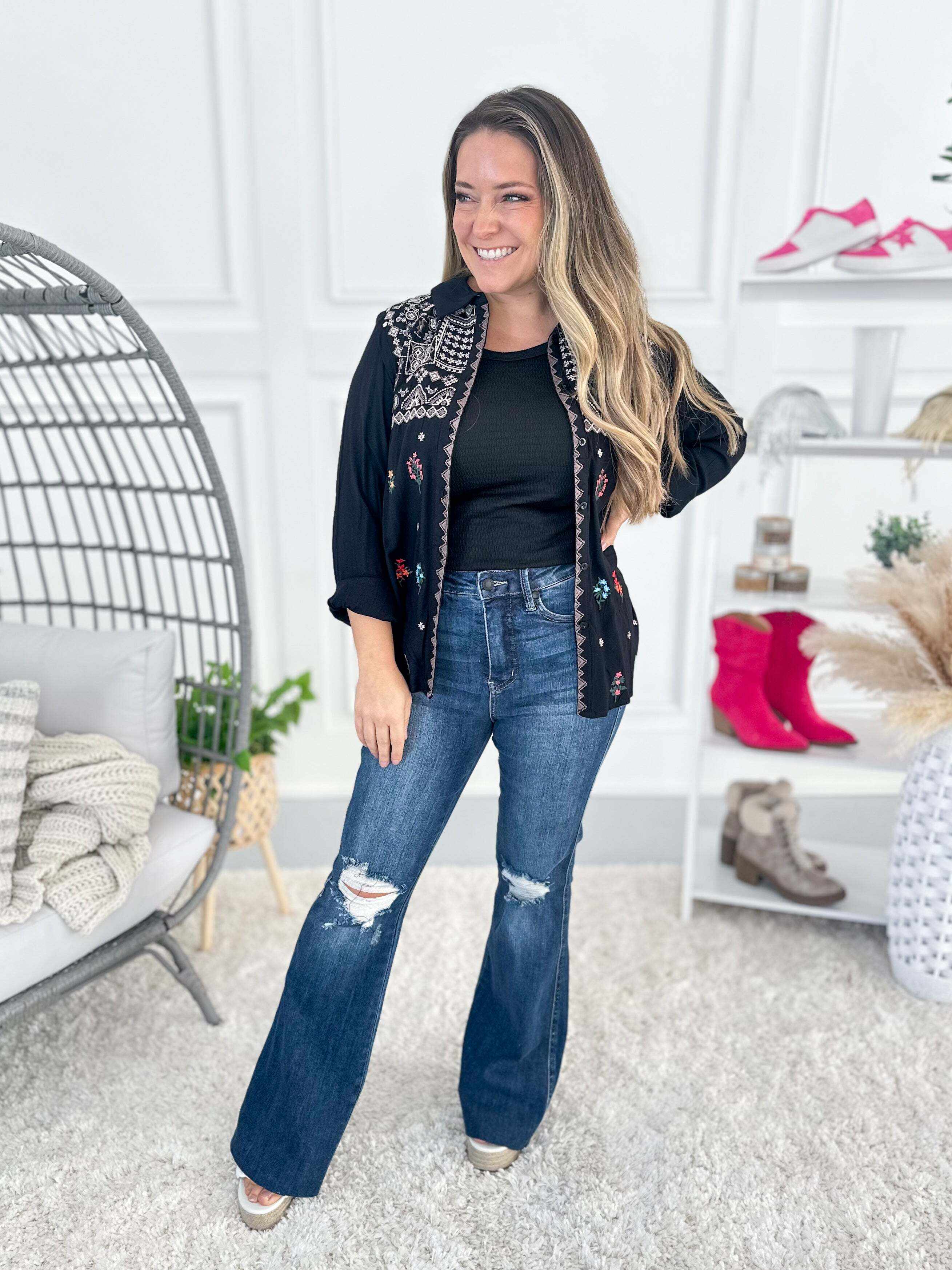 Full Of Flare - Christmas Tummy Control Knee Destroy Raw Hem Flare Jeans- Final Sale