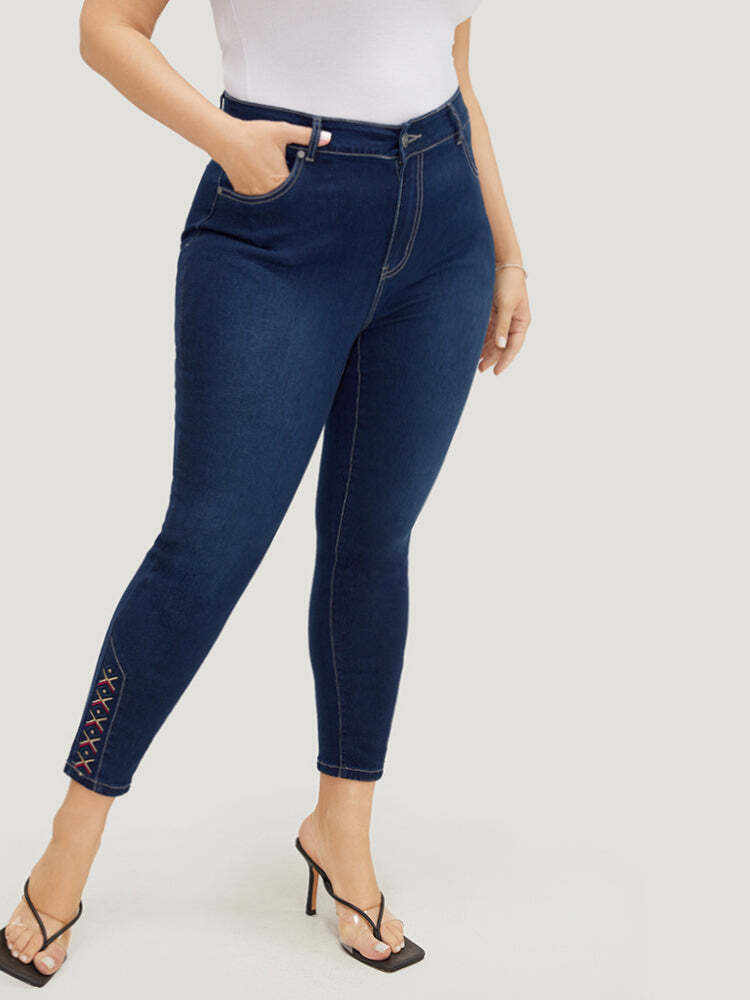 Very Stretchy High Rise Dark Wash Geometric Embroidered  Jeans