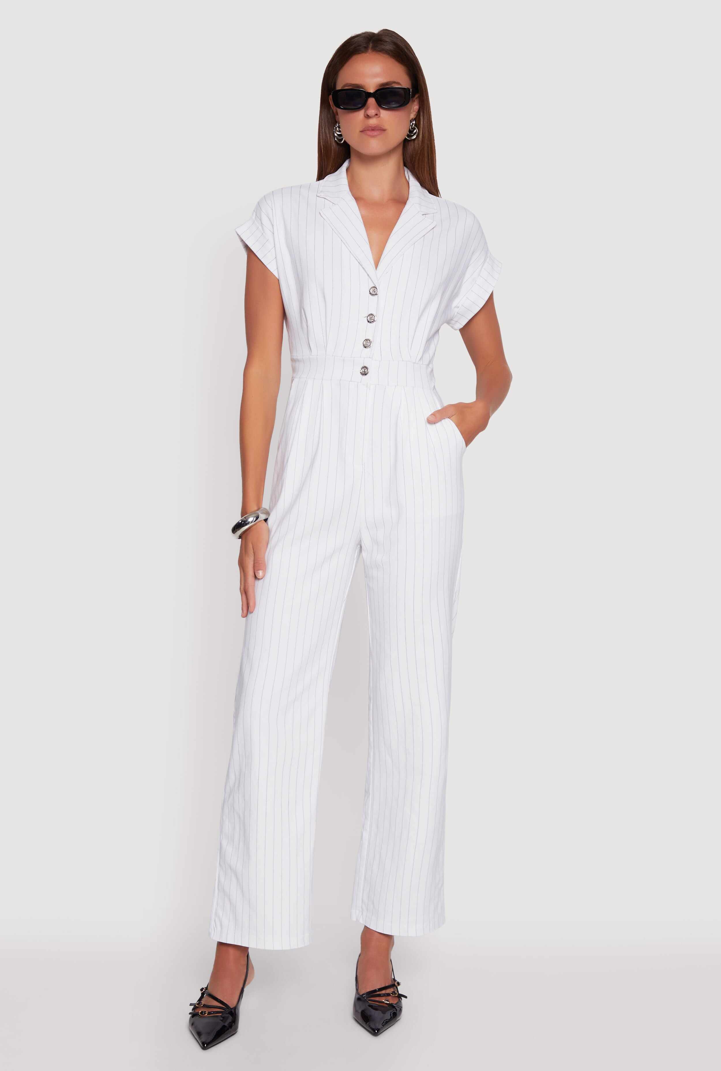 Trendy Pinstripe Button Front Pleated Jumpsuit