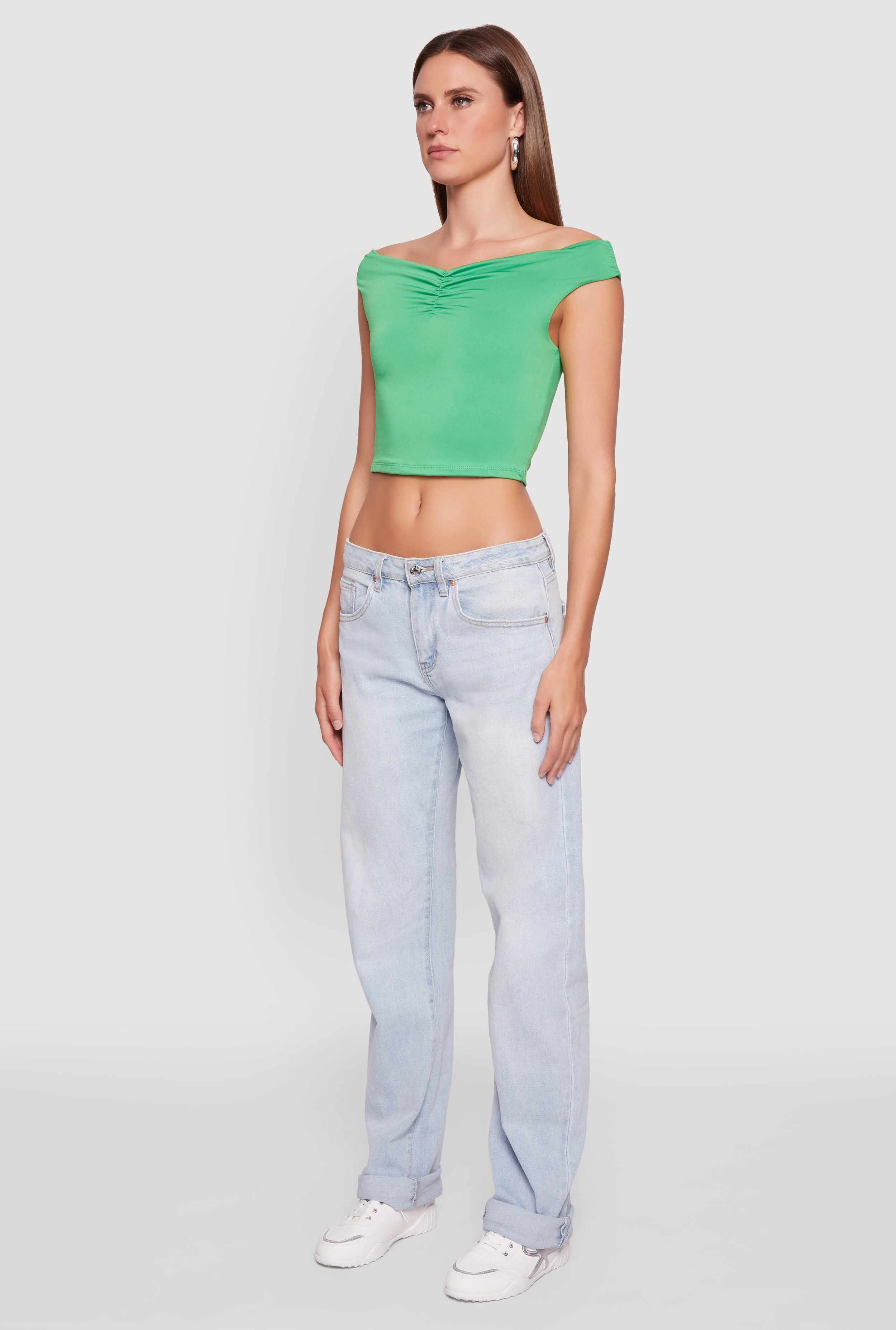 Solid Ruched Off Shoulder Crop Top