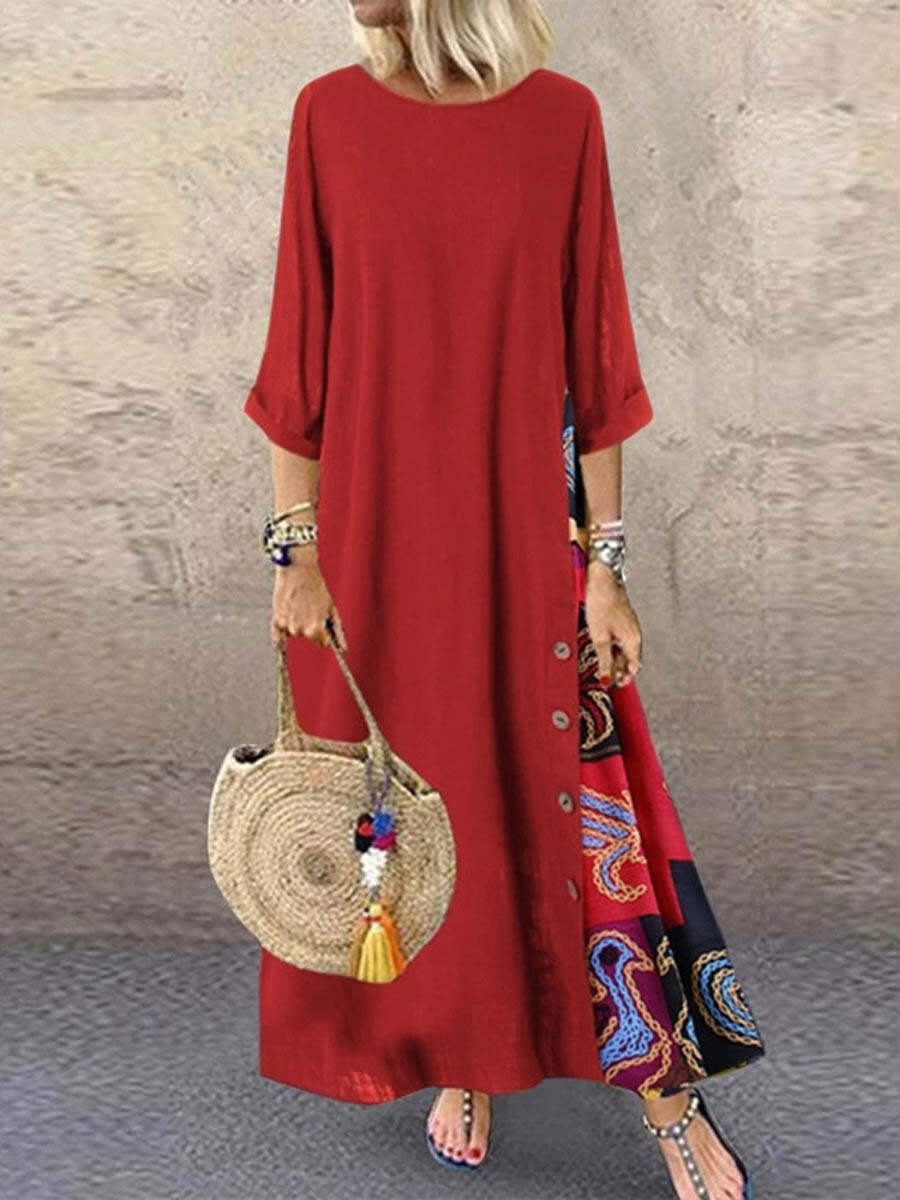 🔥Summer Arrivals🌟Women's Retro Floral Contrast Button Patchwork Cotton And Linen Casual Dress