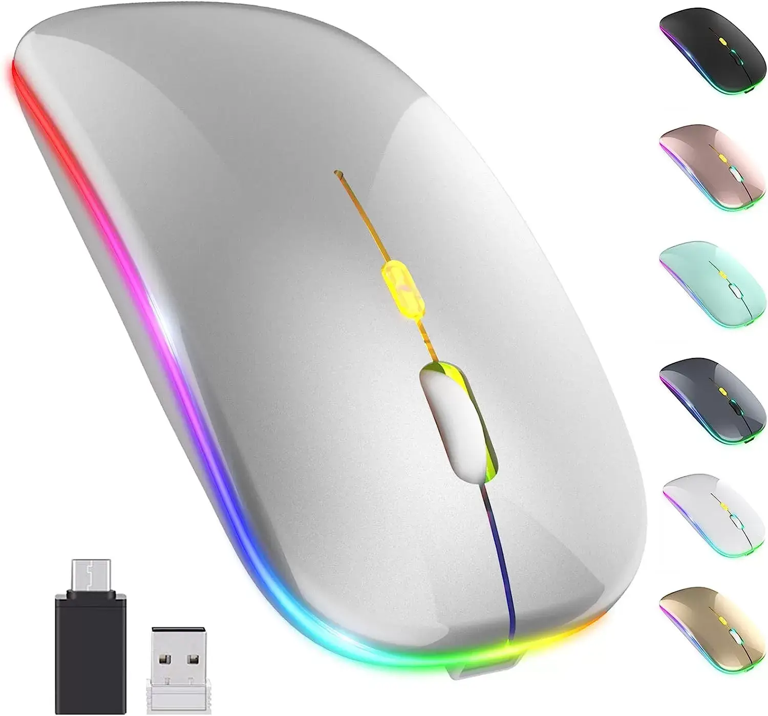 [Upgrade] LED Wireless Mouse, Slim Silent Mouse 2.4G Portable Mobile Optical Office Mouse with USB & Type-c Receiver, 3 Adjustable DPI Levels for Notebook, PC, Laptop, Computer, MacBook (Pink)