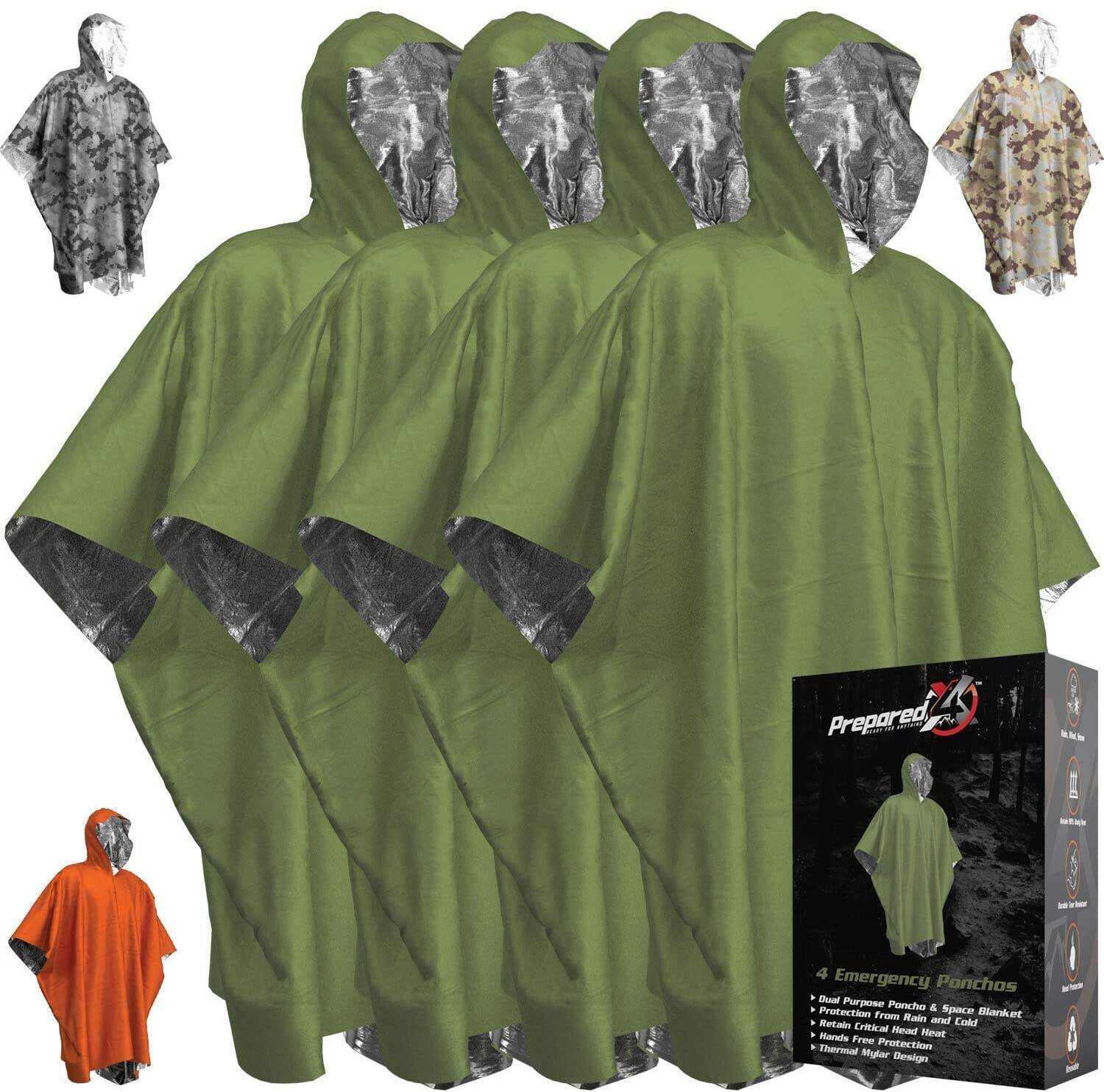 PREPARED4X Emergency Rain Poncho with Mylar Blanket Liner - Survival Blankets for Car - Heavy Duty, Waterproof Camping Gear, Tactical Prepper Supplies