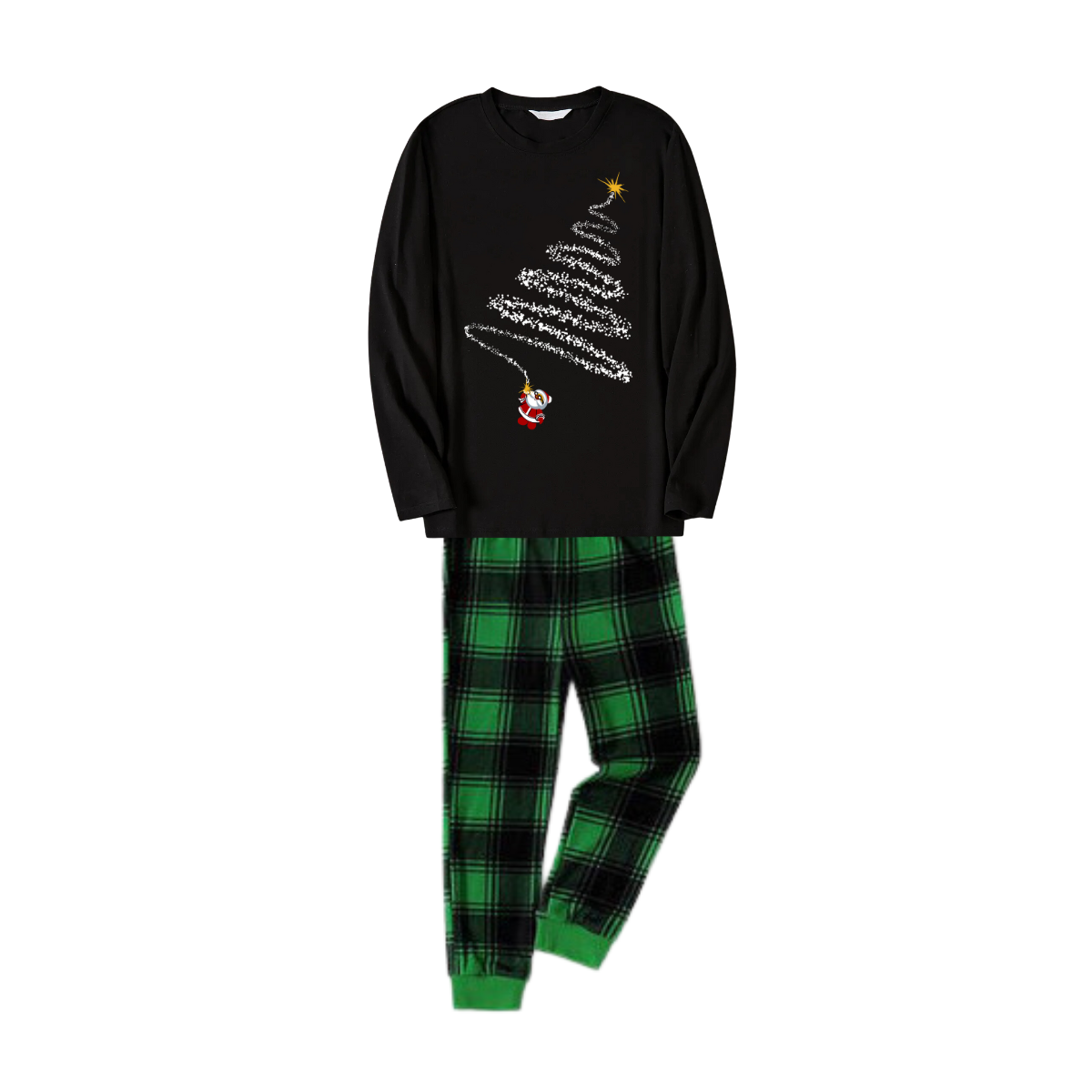 Santa Claus and Christmas Tree Print Black Long Sleeve Top with Green and Black Plaid Couple Matching Pajamas
