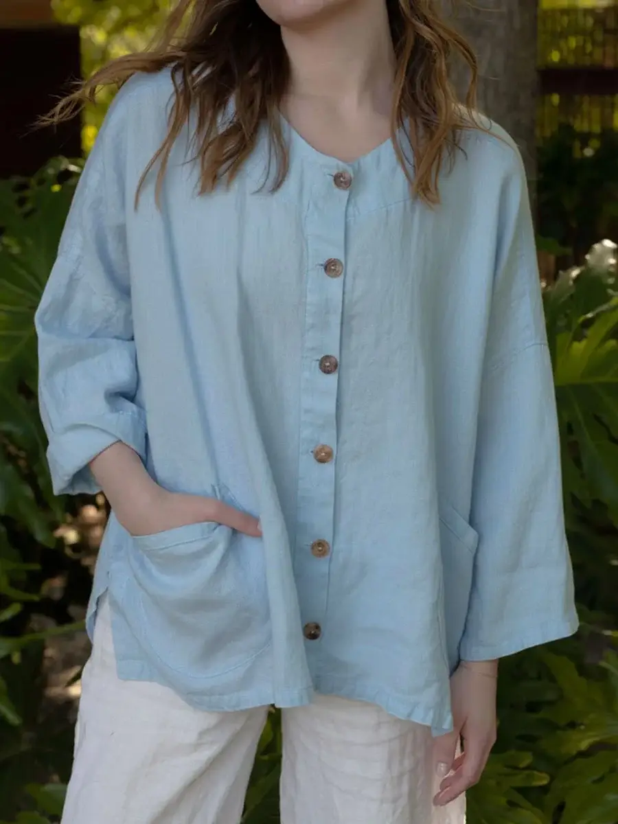 🔥Summer Arrivals🌟Women's Solid Color Round Neck Long-sleeved Casual Loose Cotton And Linen Top