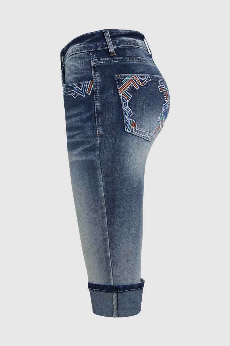 Embroidered Wash High Stretch Low Waist Capri Jeans