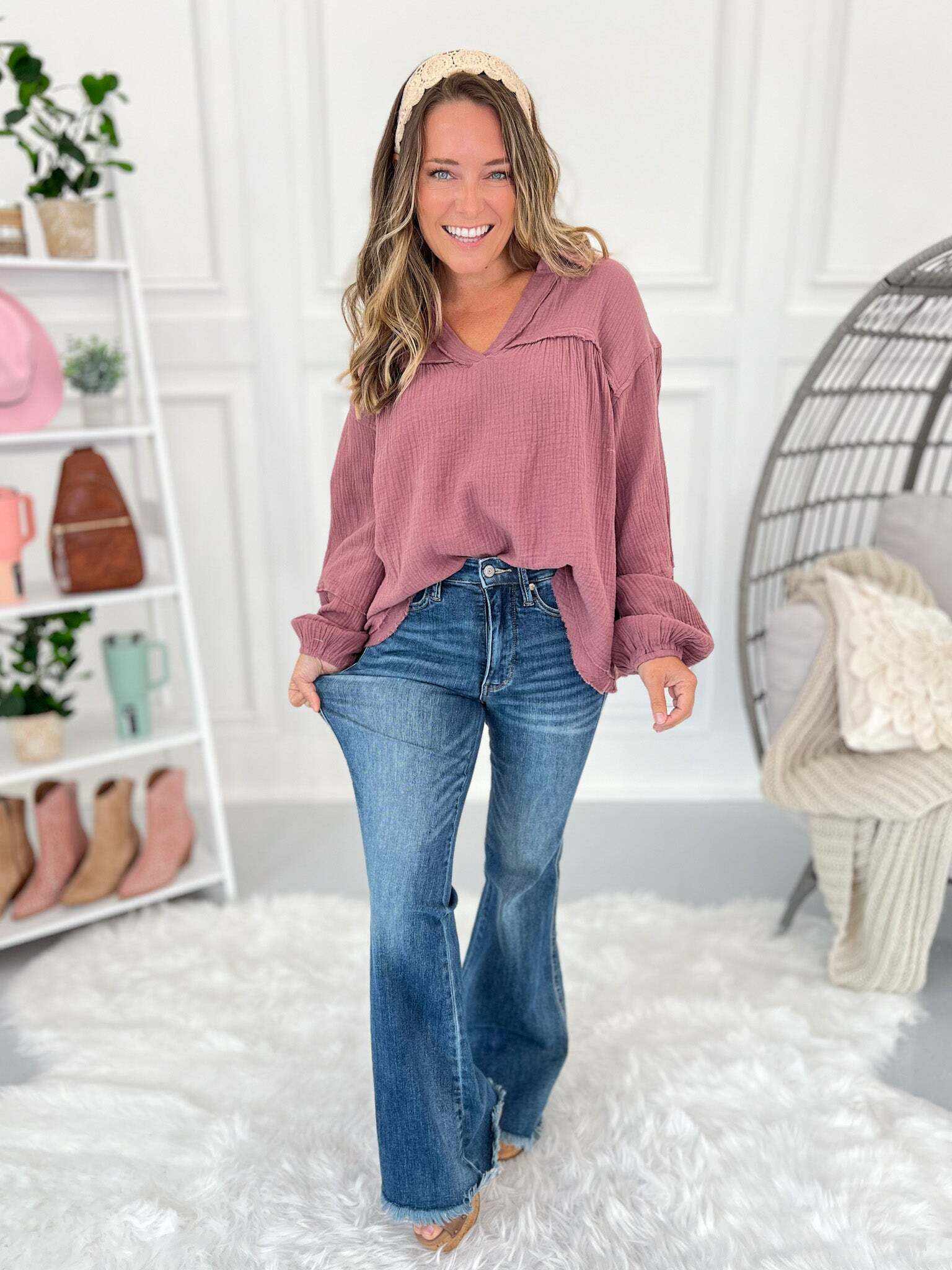 Christmas Tummy Control Fray Hem Flare Jeans- Final Sale