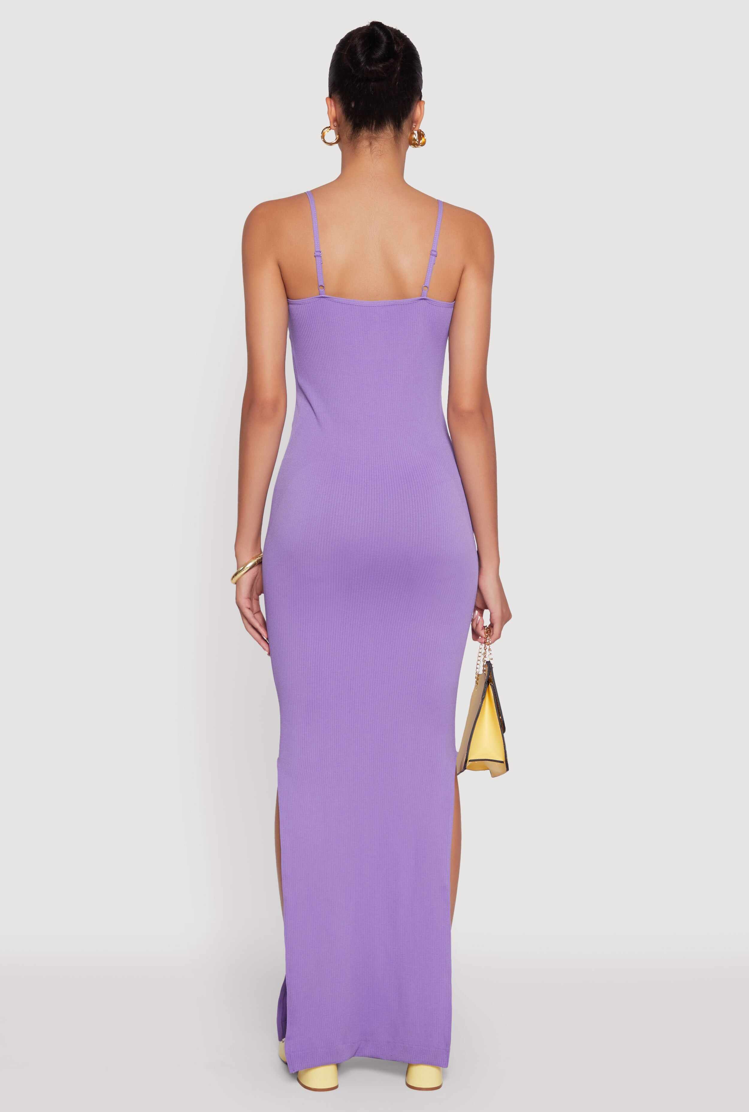 Ribbed Knit Sleeveless Notch Neck Maxi Dress