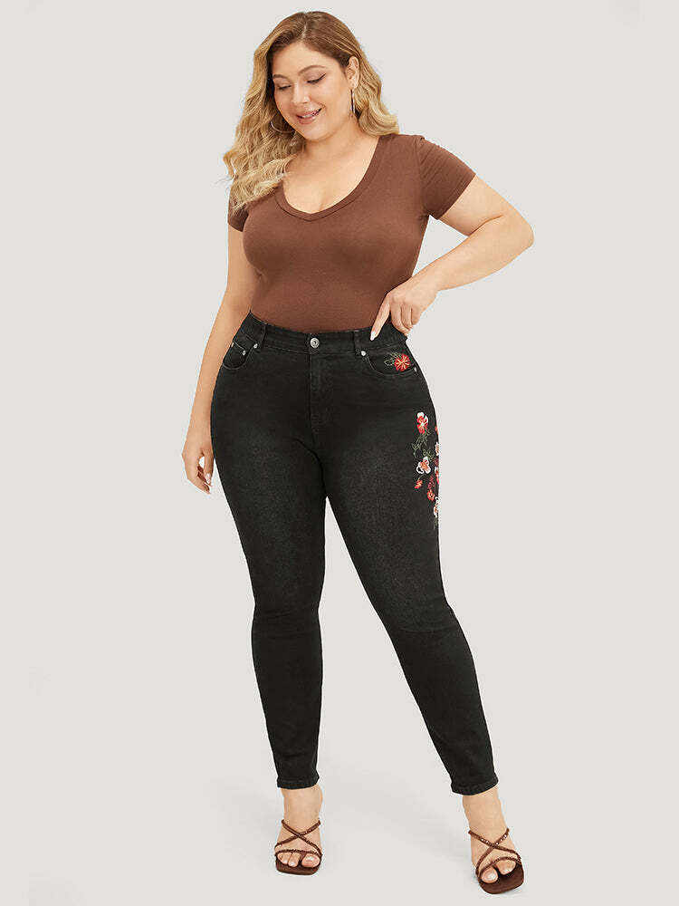 Very Stretchy High Rise Black Wash Floral Embroidered Jeans