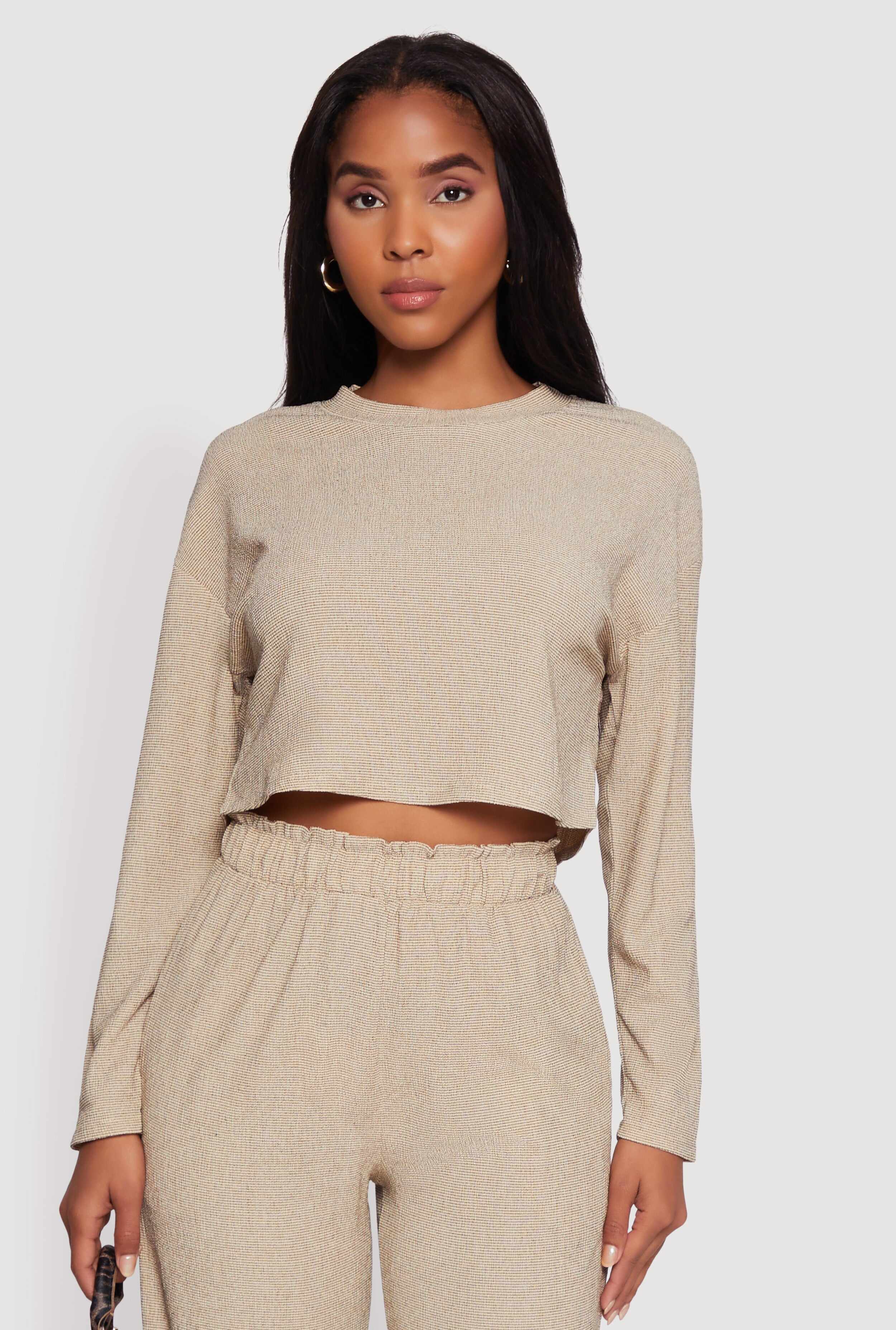 Textured Knit Solid Long Sleeve Crop Top