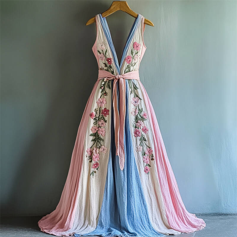 Floral Embroidered Transgender Colorblock Linen Maxi Dress
