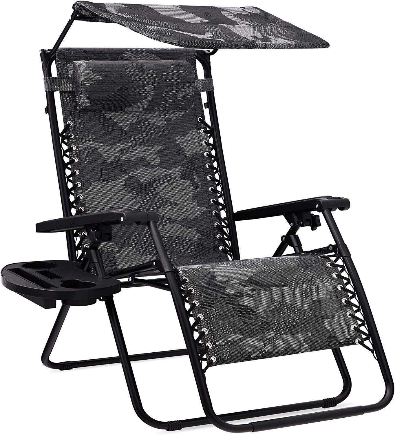 Folding Zero Gravity Recliner Patio Lounge Chair w/Adjustable Canopy Shade, Headrest, Side Accessory Tray, Textilene Mesh - Beige