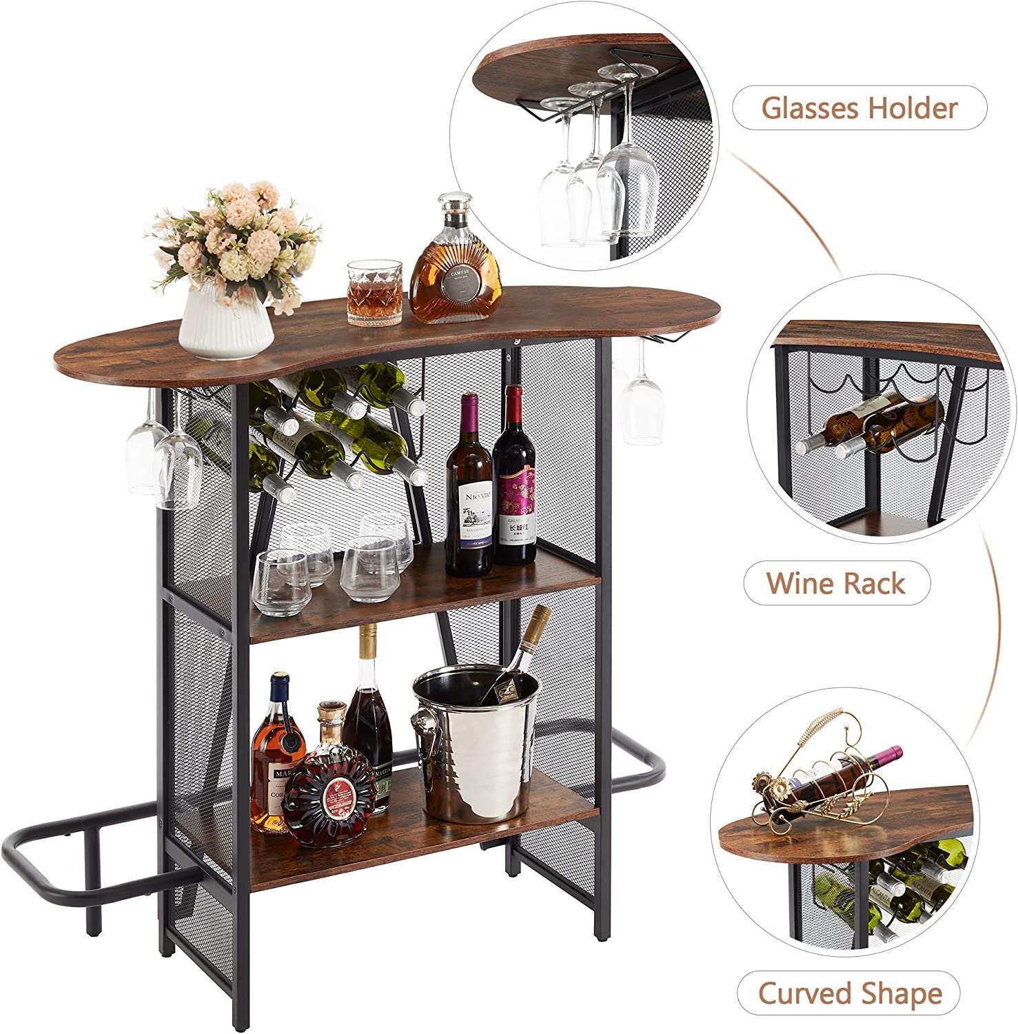 VECELO Bar Unit with Metal Mesh Front, 3-Tier Wine Rack Table with Glasses Holder
