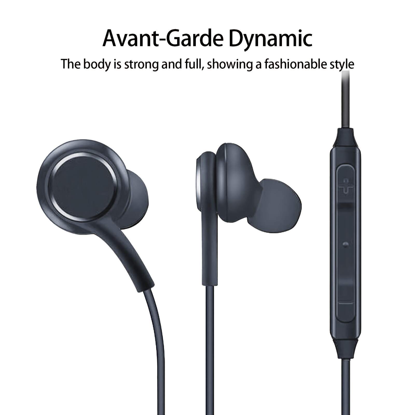 Black In-Ear Earbuds with Cable Control, C-Shaped Flat Head & Design - Comfort Fit for Running, Gaming, Sports, 3.5mm Jack, Call Noise Cancellation, USB Charging, 100cm Tangle-Free Cable