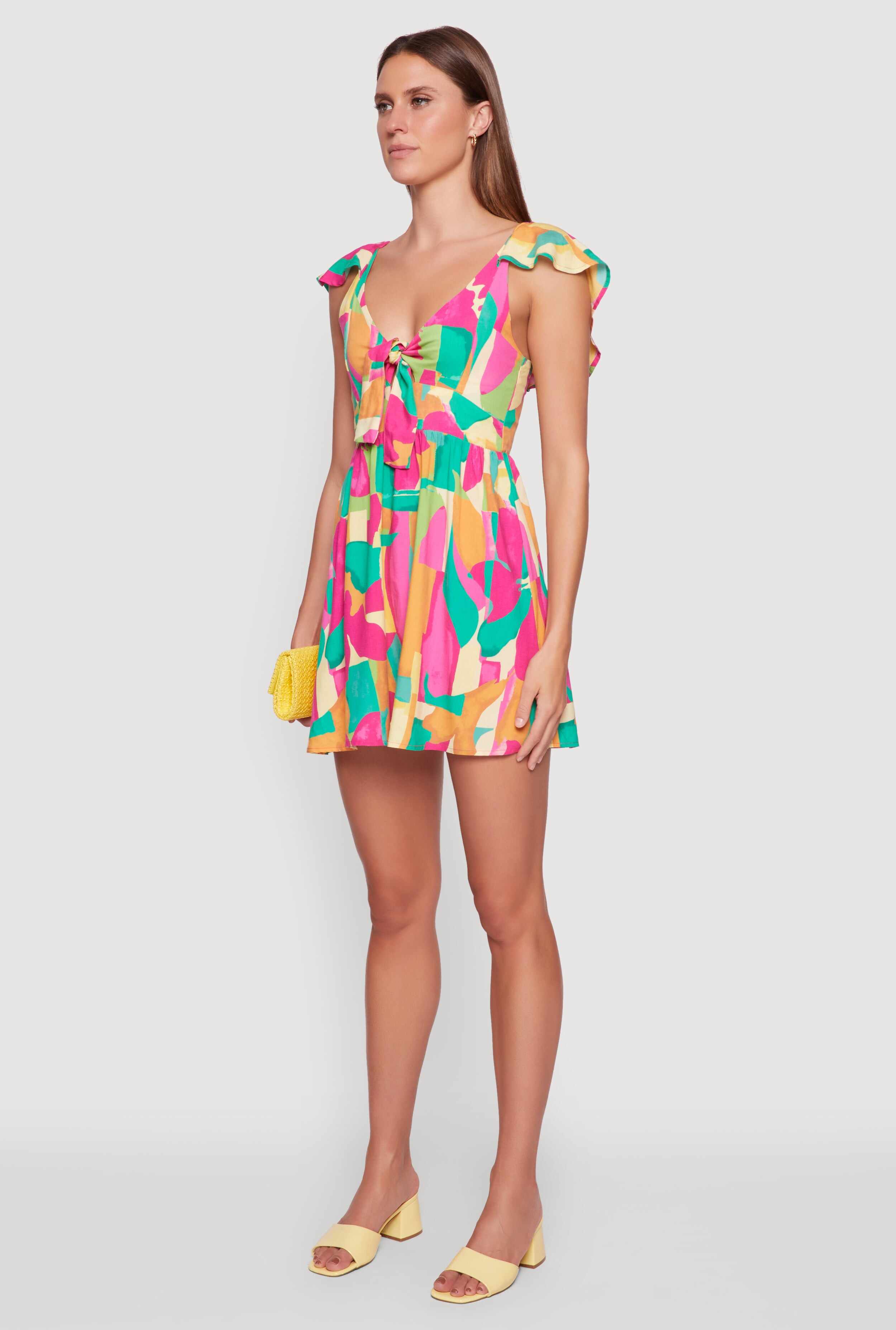 Trendy Tie Front V-Neck Sundress with Flutter Cap Sleeves