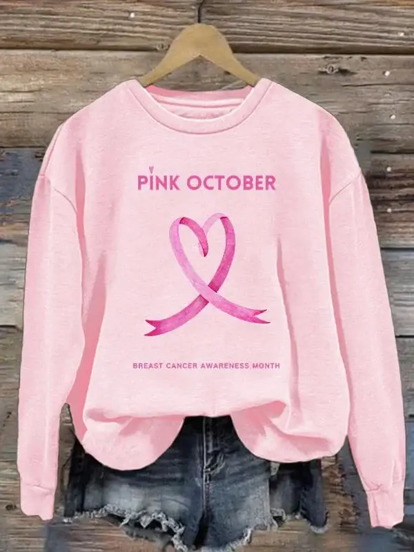 Women's Pink October Breast Cancer Awareness Month Print Pattern Casual Sweatshirt