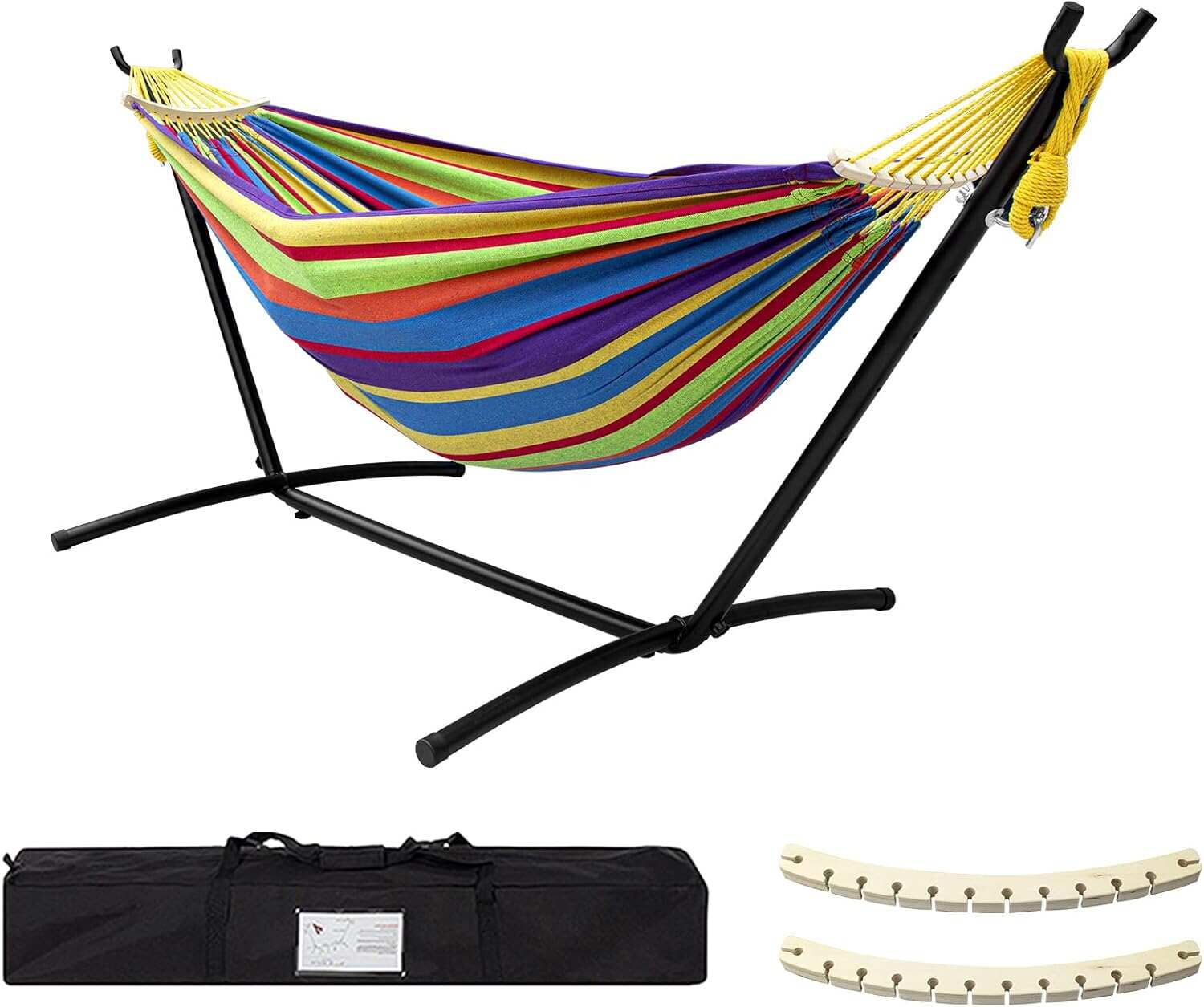 Double Hammock with Stand Included 450lb Capacity Steel Stand, Premium Carry Bag Included and Two Anti Roll Balance Beam, Portable Hammock with Stand for Backyard, Camping,Garden Brown Stripes