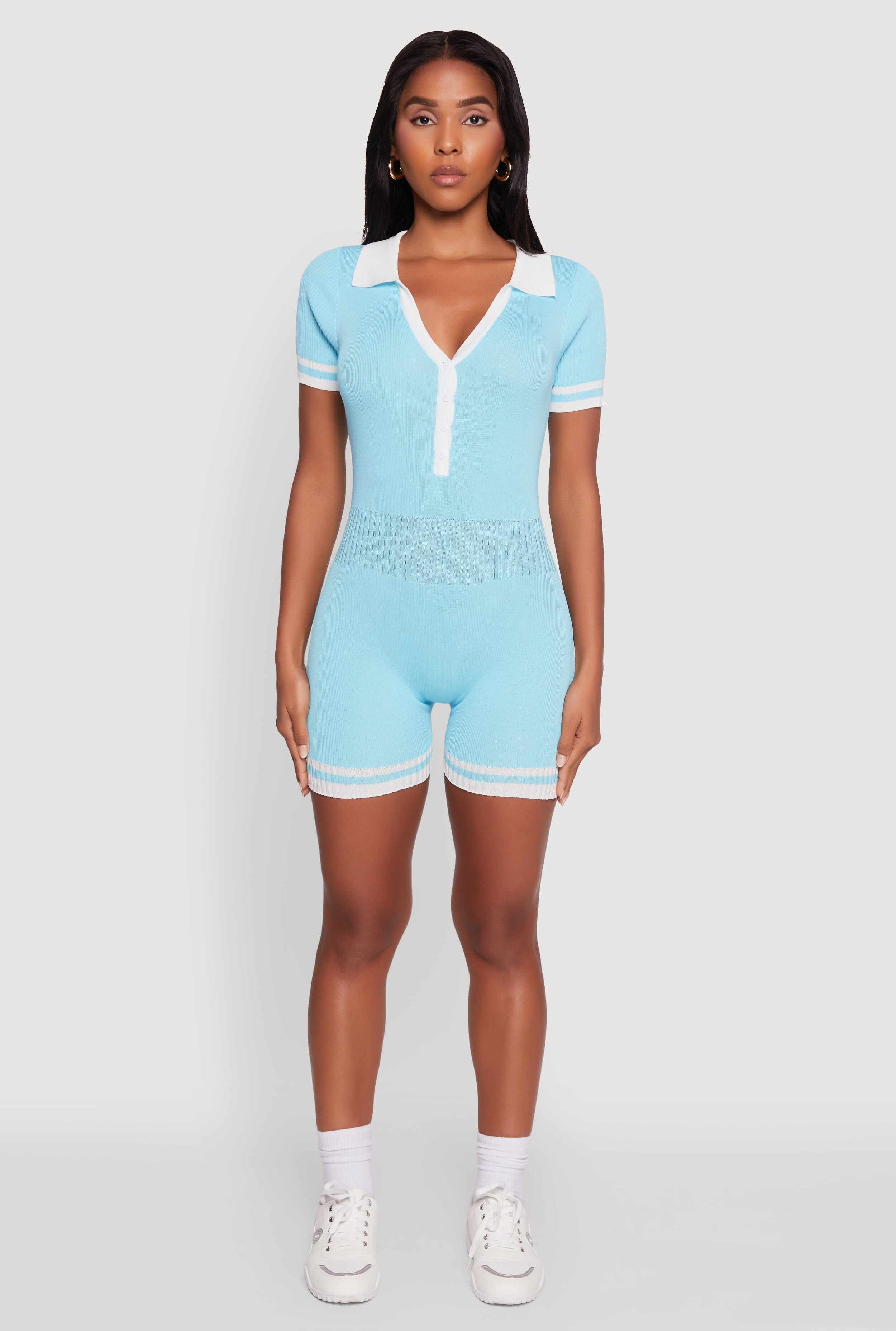 Daisy Ribbed Knit Varsity Stripe Button Front Romper