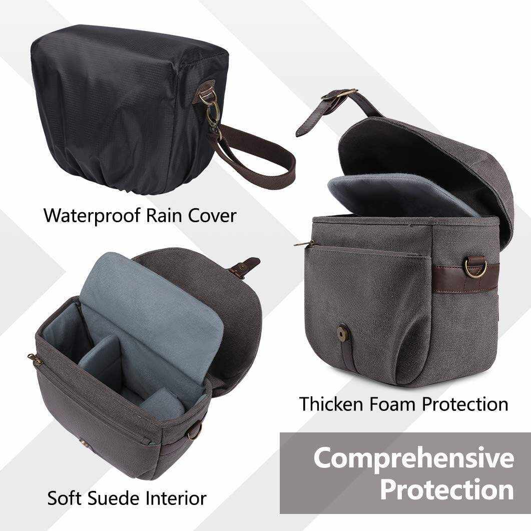BAGSMART Camera Bag, SLR DSLR Canvas Camera Case, Vintage Padded Camera Shoulder Bag with Rain Cover for Women, Men, Black