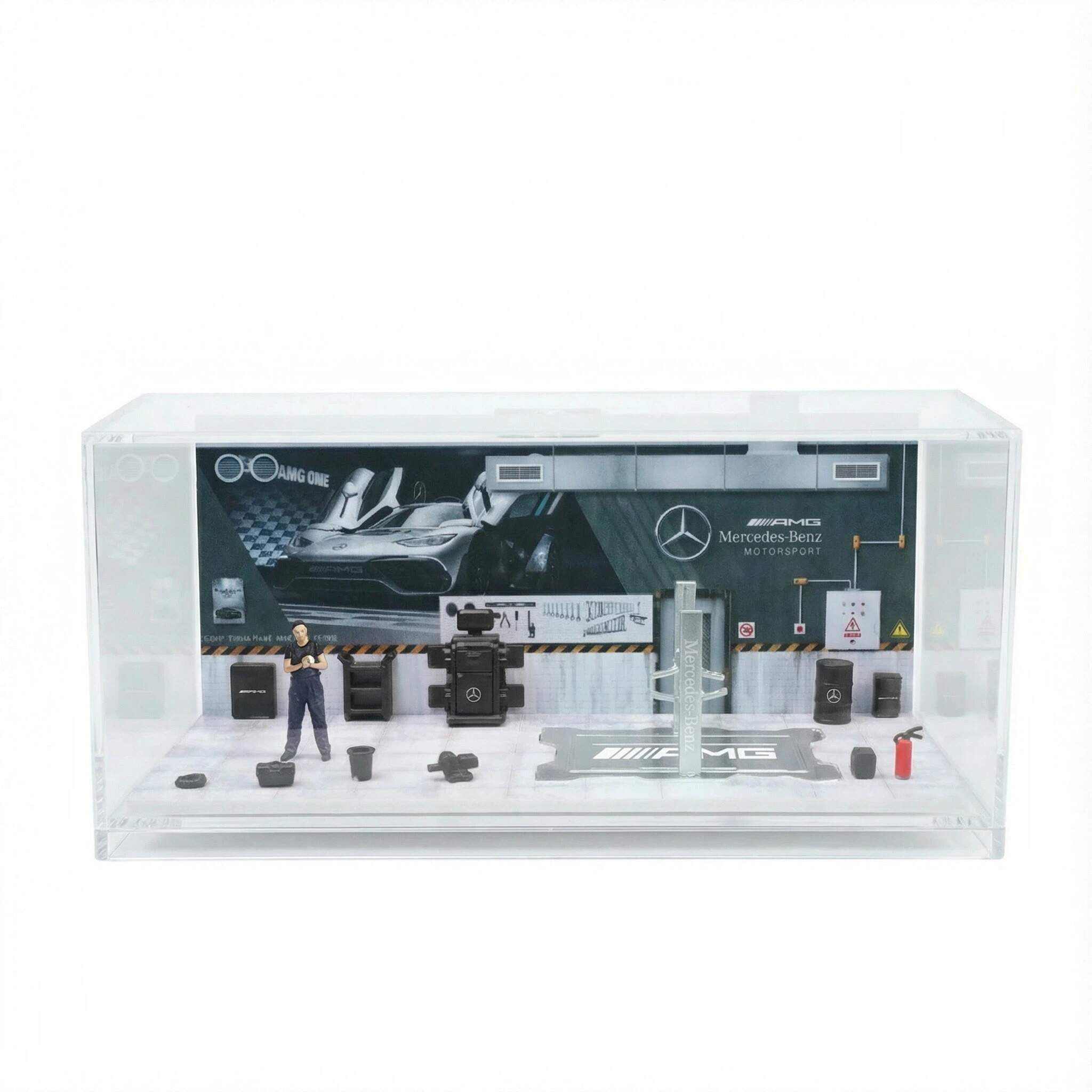 1:64 Scale Motorsport Workshop Diorama Display Case – Racing Garage Scene for Diecast Cars
