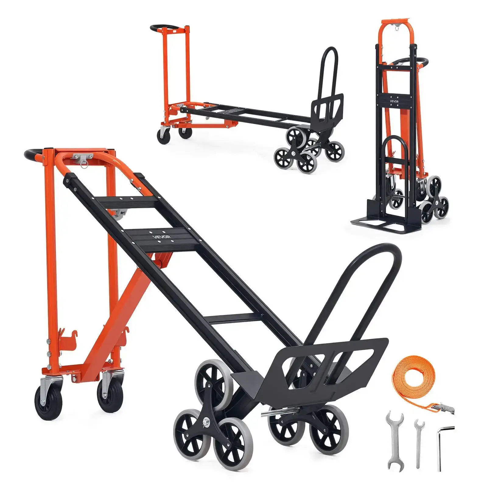 3 in 1 Industrial Convertible Stair Climbing Cart, 770 lbs Max Load, Folding Hand Truck Dolly with Handle & Wheels, Stair Climbing Utility Trolley for Transport & Moving, Orange & Silver
