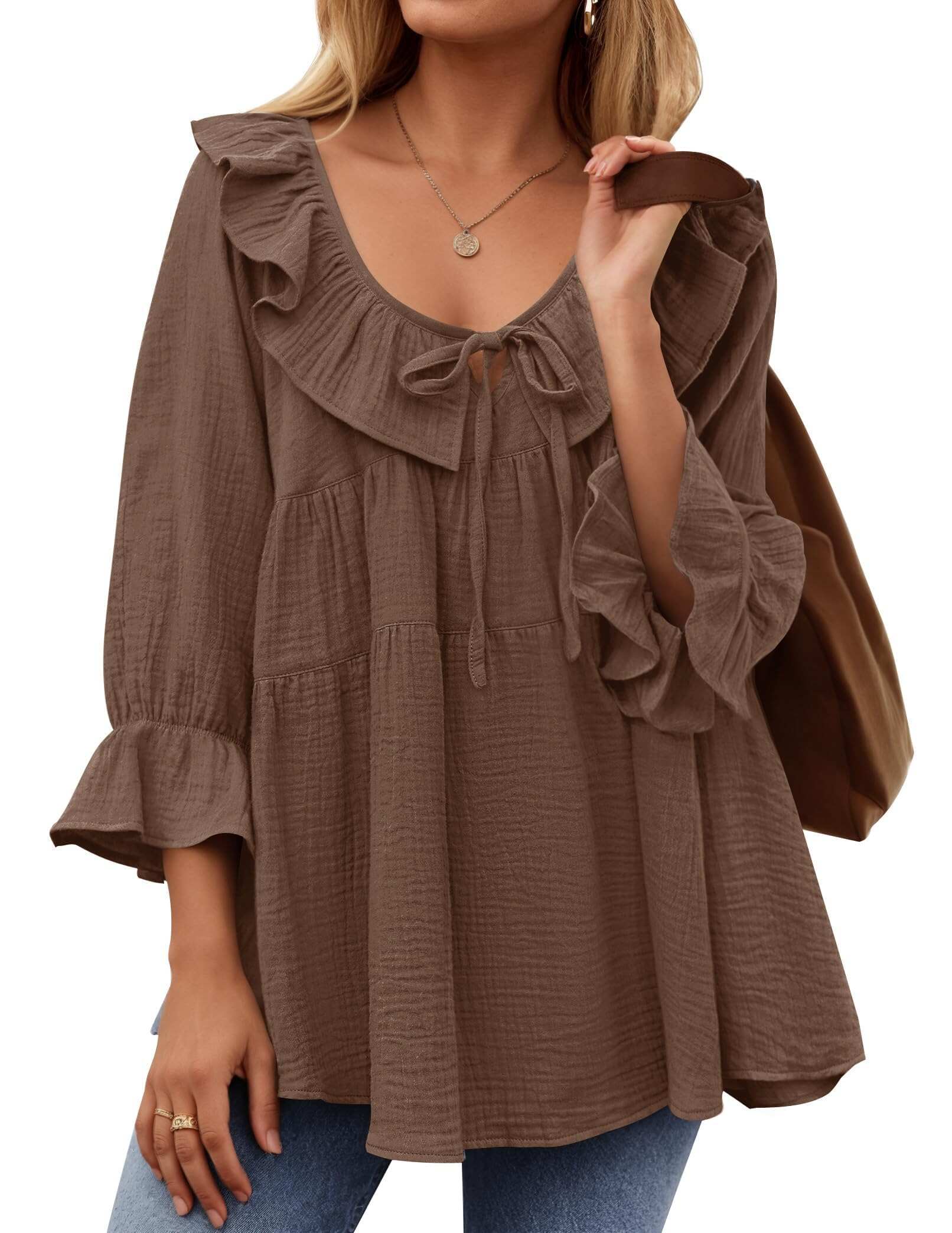 Women’s Scoop Neck 3/4 Length Sleeve Tie Front Ruffle Tiered Tunic Shirts
