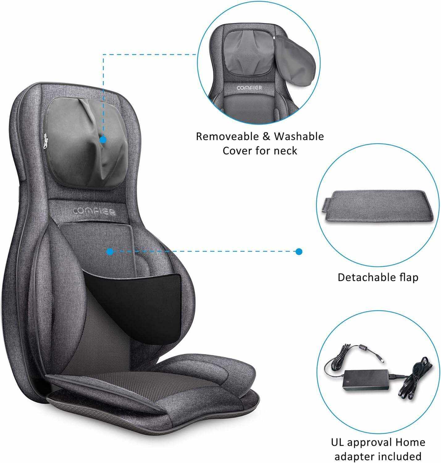 COMFIER Shiatsu Neck Back Massager with Heat and Compression, App Control 2D or 3D Deep Tissue Kneading Massage Chair Pad, Chair Massager for Full Body Pain Relief, Ideal Gifts,Grey