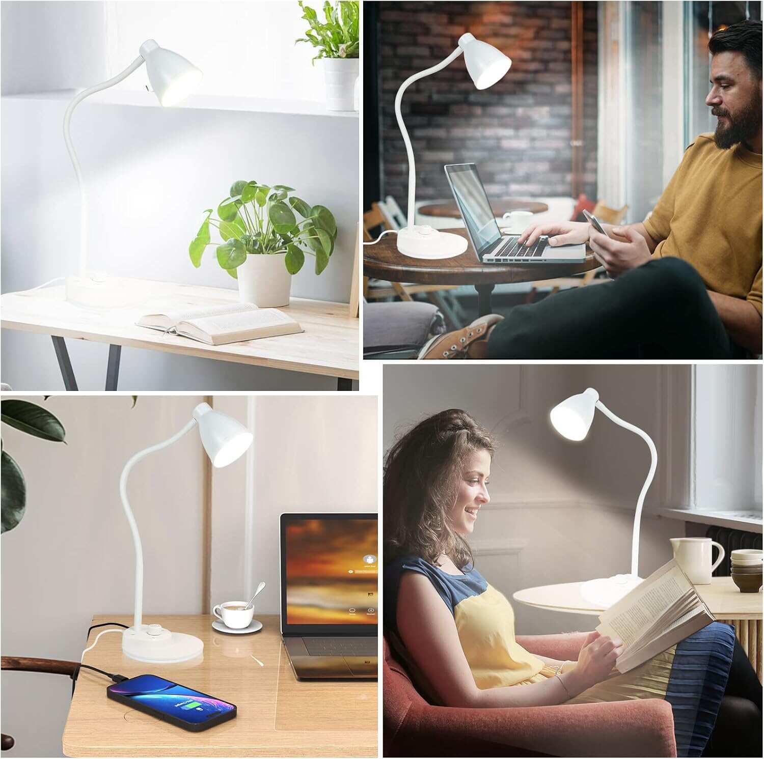 BOHON LED Desk Lamp with USB Charging Port 3 Color Modes Dimmable Reading Light Intelligent Induction Auto Dimming Task Lamp Flexible Gooseneck Table Lamp for Bedside Office, AC Adapter Include