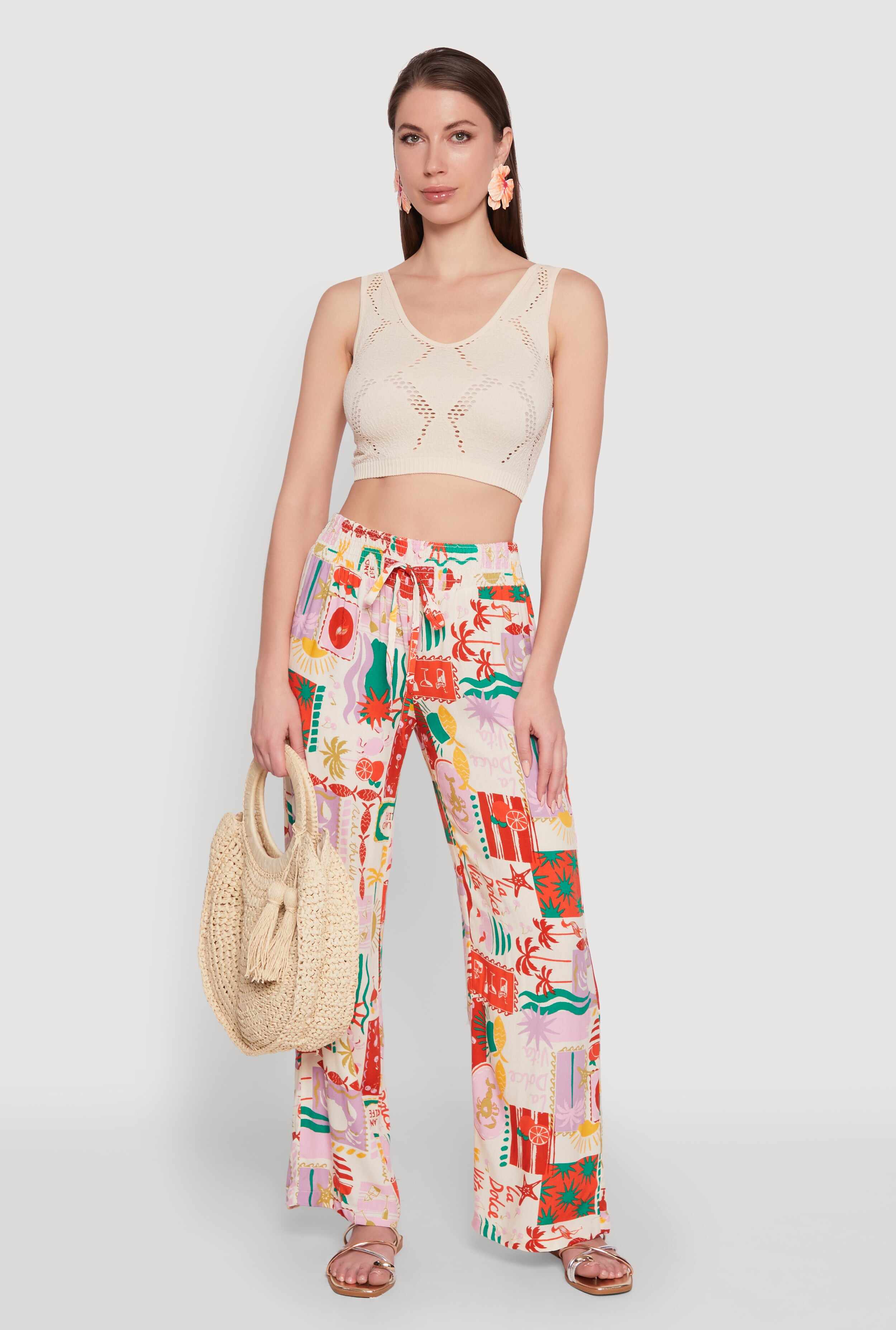 Patterned Faux Drawstring Smocked Waist Palazzo Pants