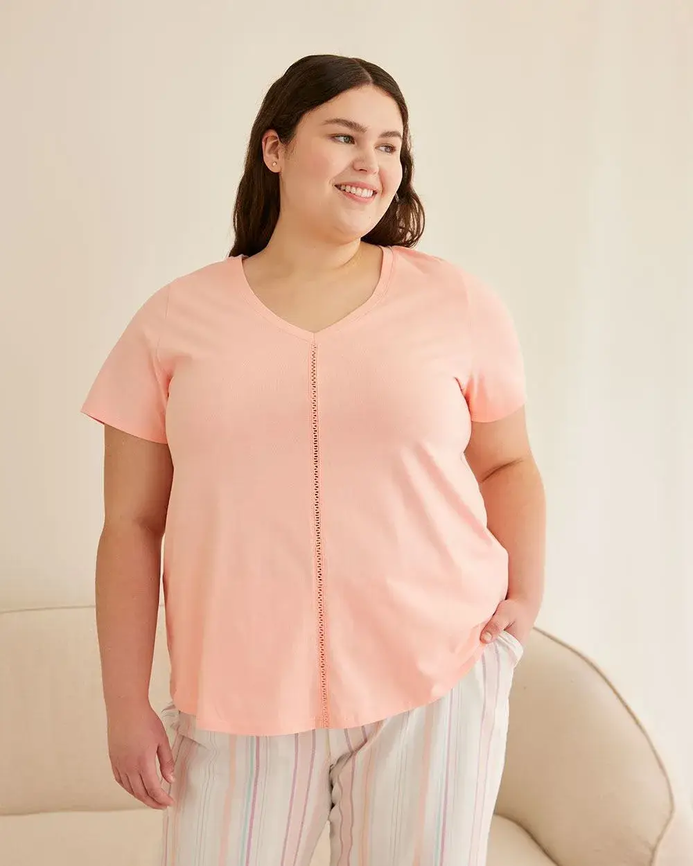 Cotton V-Neck Pyjama Top with Faggoting Trim - ti Voglio