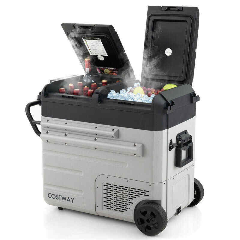 61 Quart Portable Car Refrigerator with Wheels 12/24V DC & 110-240V AC Dual-zone Electric Car Cooler Fridge for RV Camping Travel Home