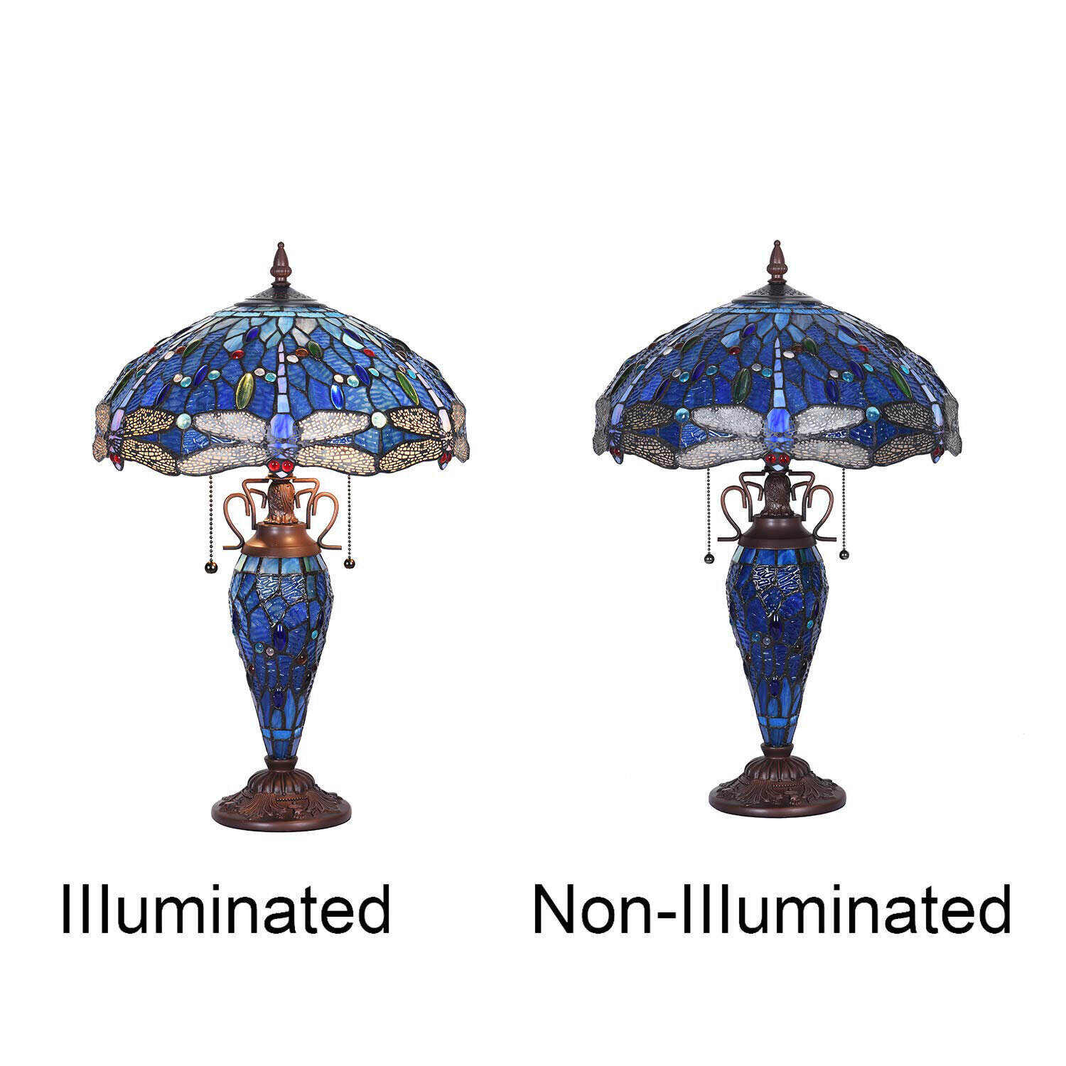 Dragonfly Style Tiffany Large Table Lamp 3-Light With Nightlight Rustic Antique Desk Light