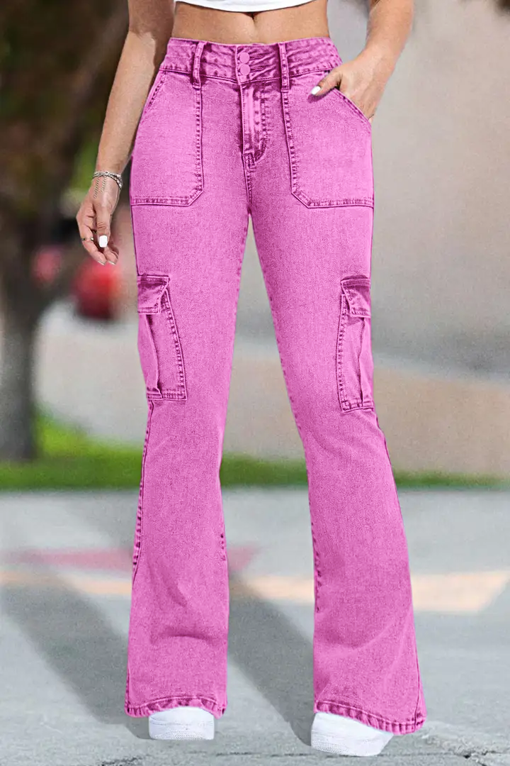 Multi Pocket Double Button Mid Rise Flare Cargo Jeans