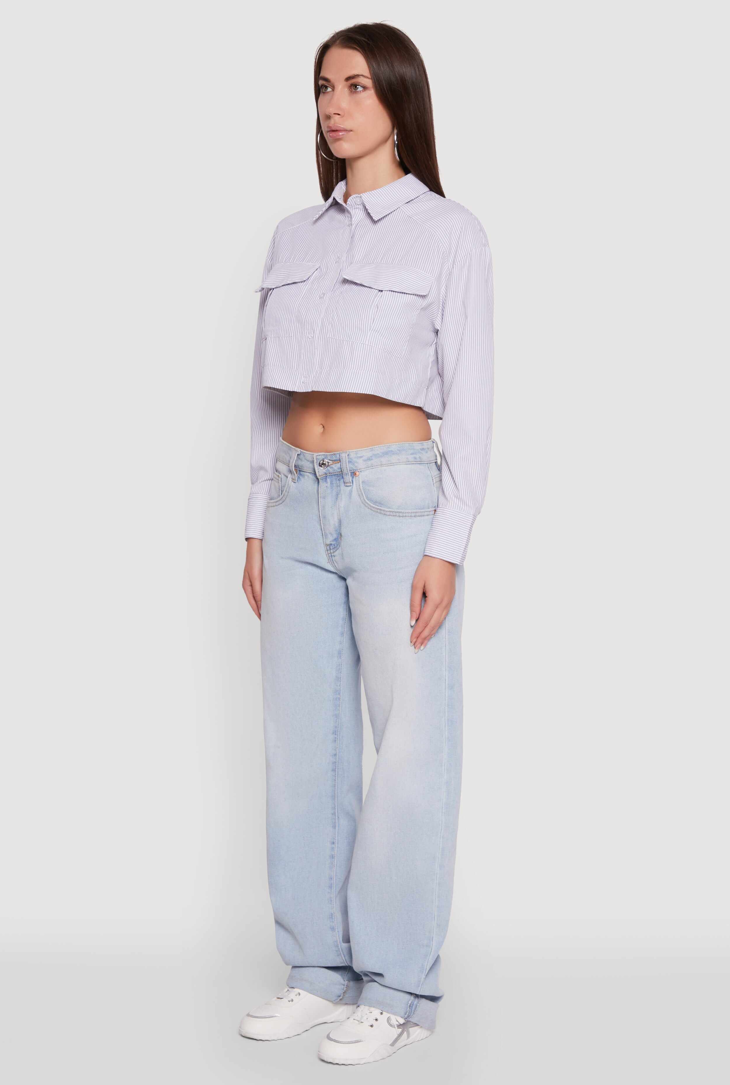 Haute Monde Striped Long Sleeve Cropped Shirt