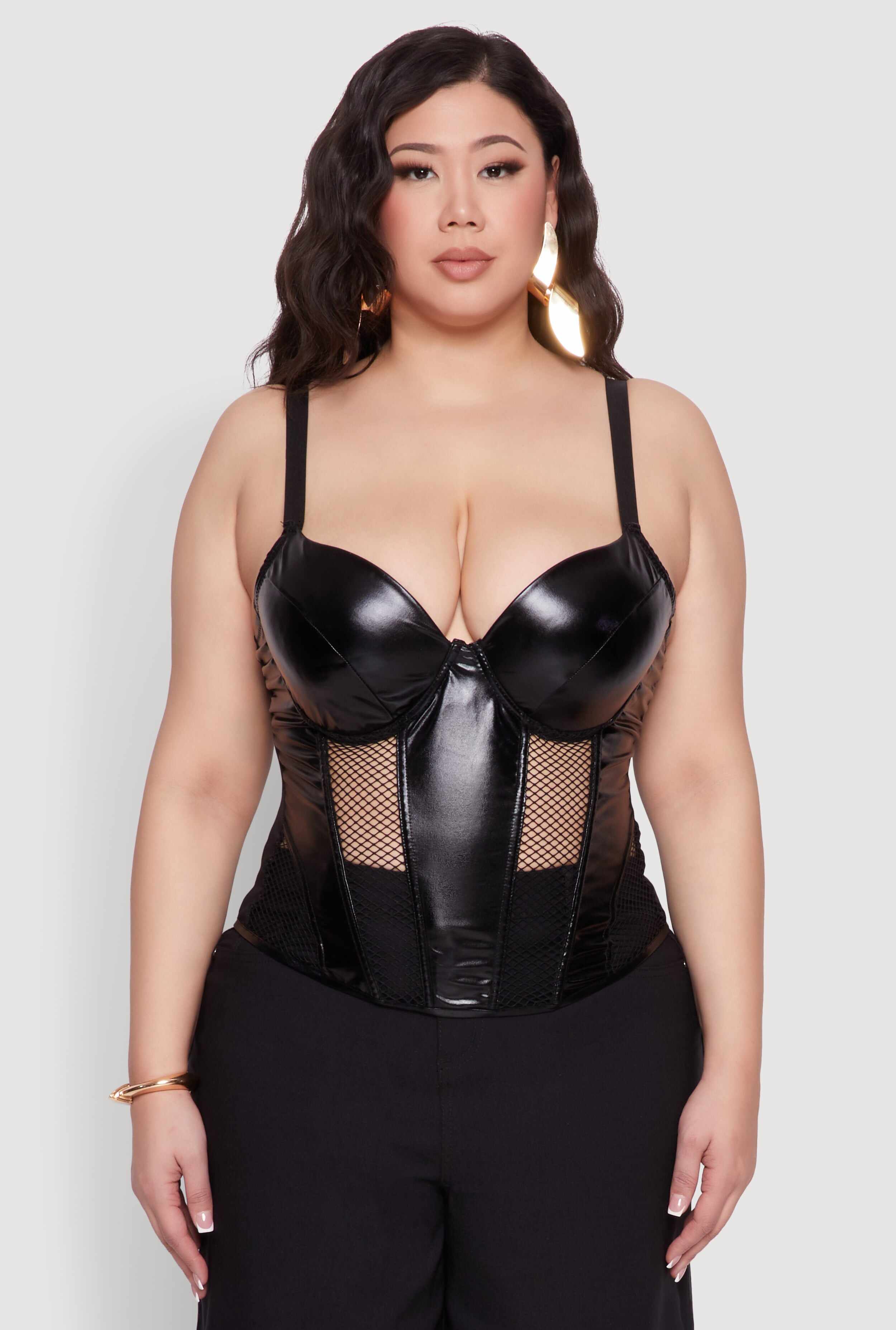 Plus Size Fishnet Cutout Faux Leather Look Bustier Top
