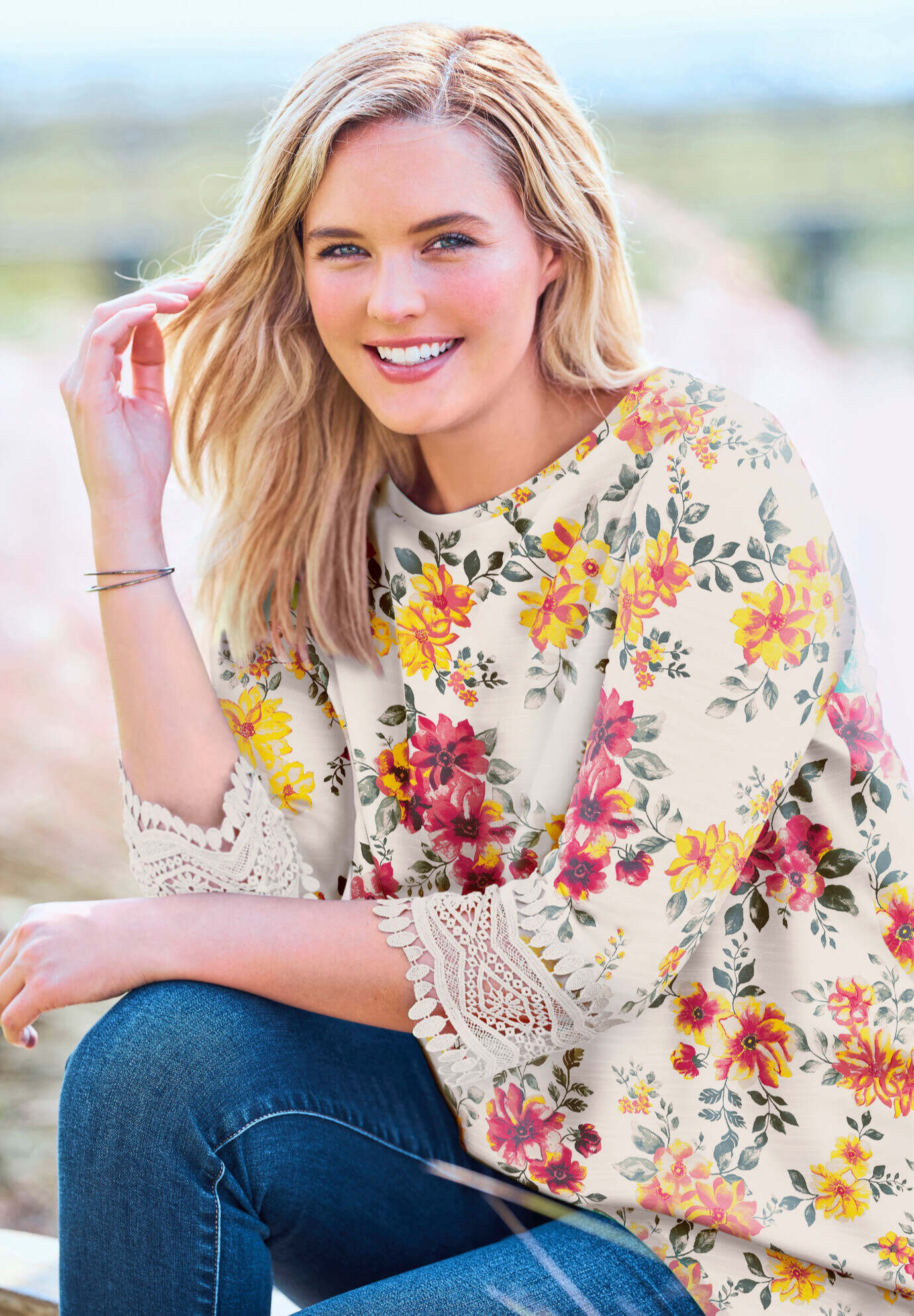 Crochet-Trim Three-Quarter Sleeve Tunic