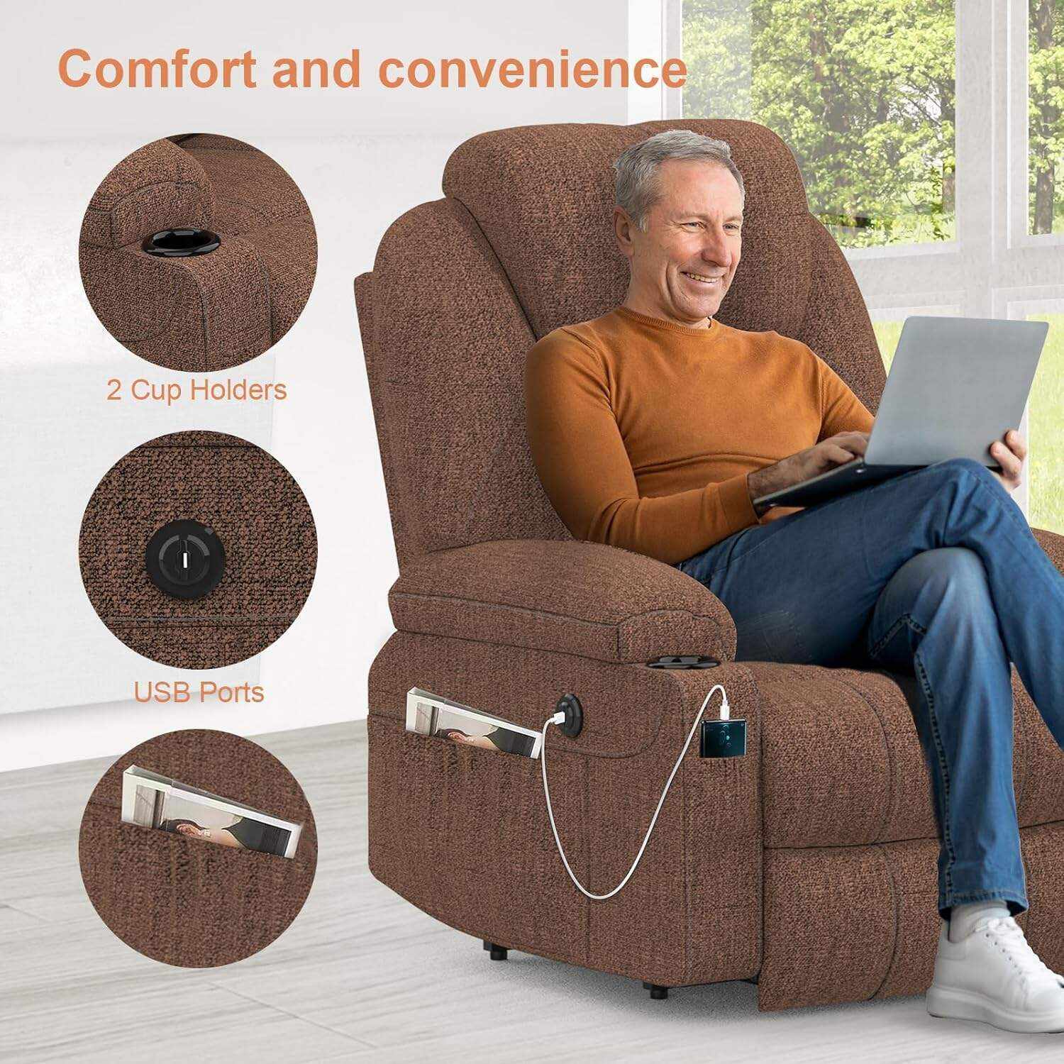 YONISEE Lar2ge Lift Chairs Recliner for Elderly - Power Fabric Lift Chair Modern with Massage and Heat, Extended Footrest, 3 Positions, 2 Side Pockets, and Cup Holders, USB Ports, Coffee Color
