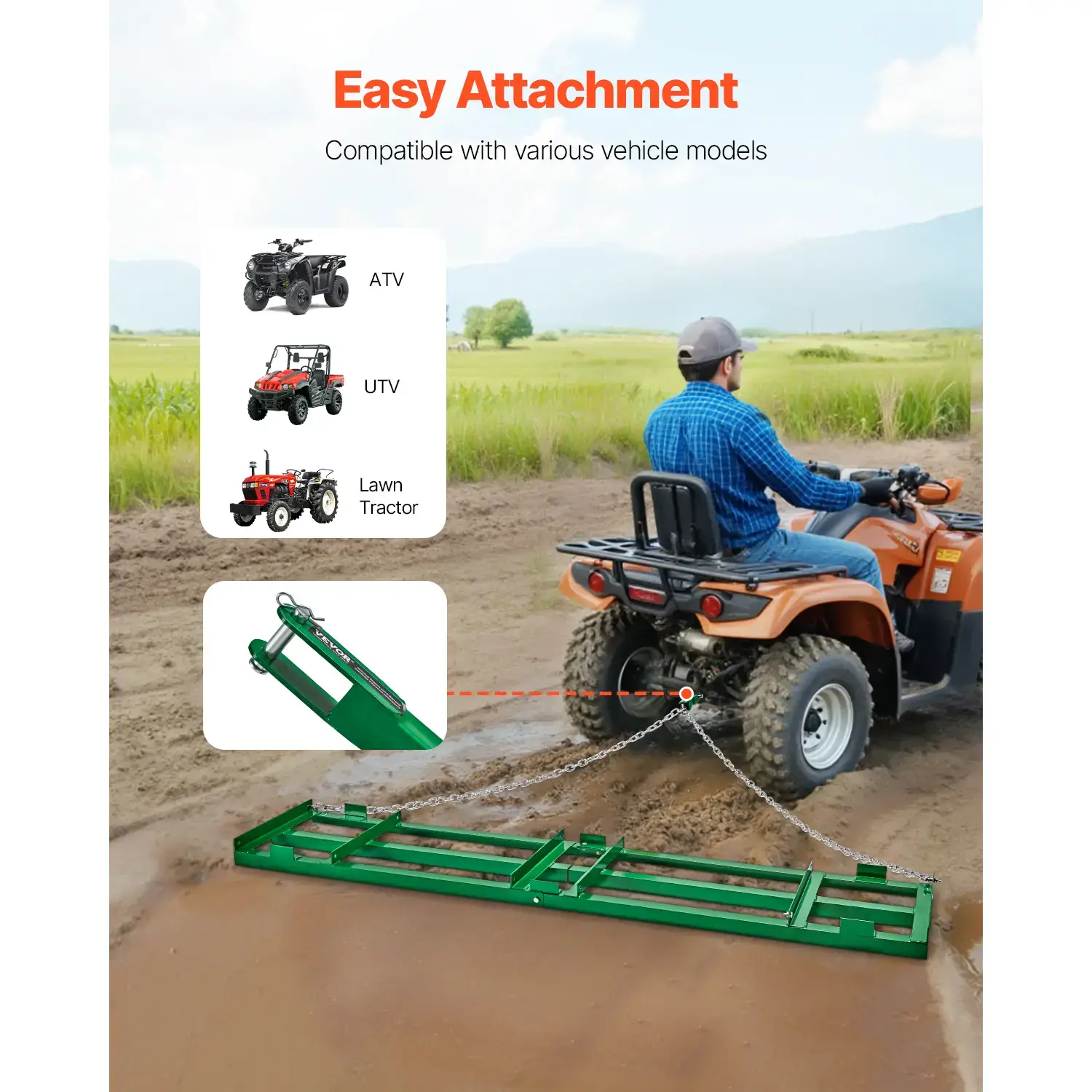 Drag Harrow, 8 ft Heavy Duty Tow Behind Drag Harrow with Adjustable Bars & 72 in Chain, Driveway Grader Landscape Rake for ATV, UTV, Tractor, Mower Tow Behind Yard Lawn Leveling Tool