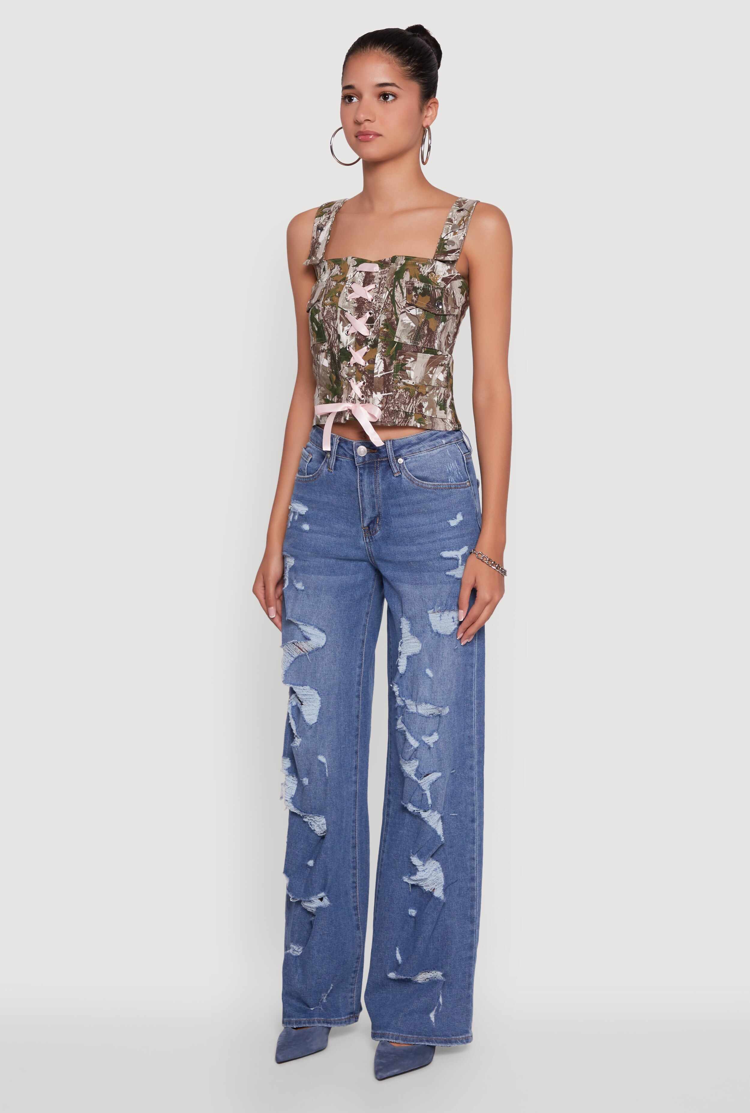 Hunter Camouflage Ribbon Lace-Up Crop Top