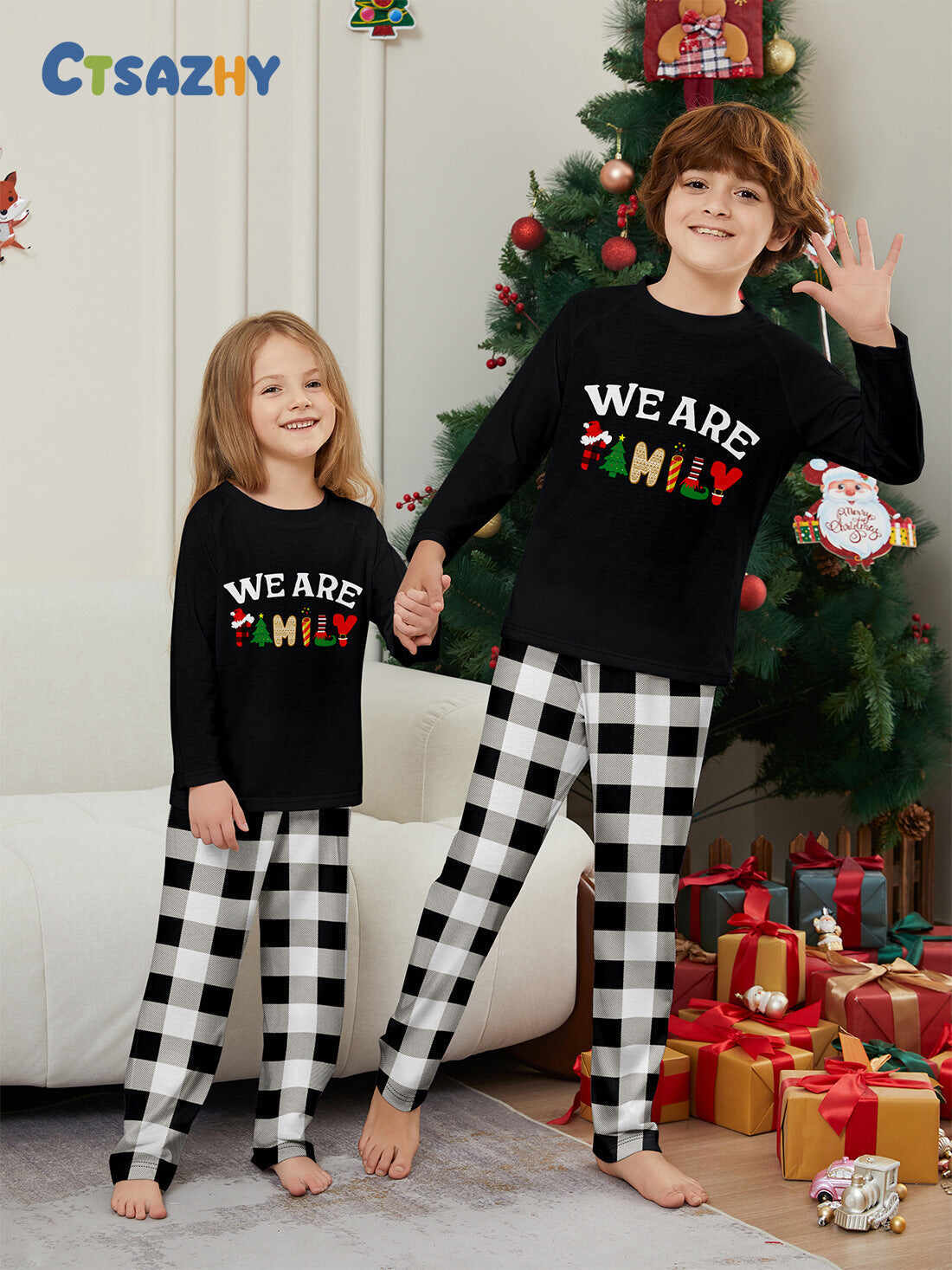 ��We Are Family�� Long Sleeve Monogrammed Plaid Parent-Child Pajamas