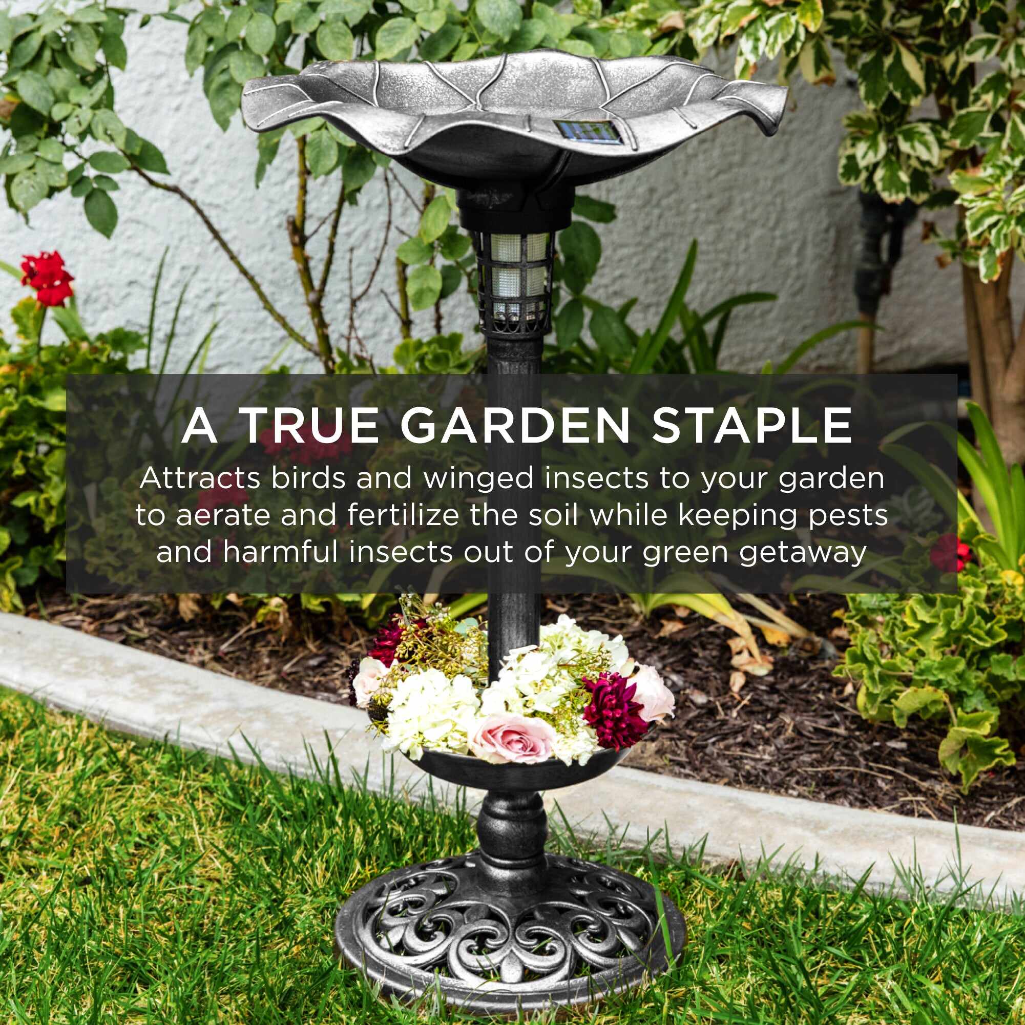Solar Lighted Bird Bath w/ Planter